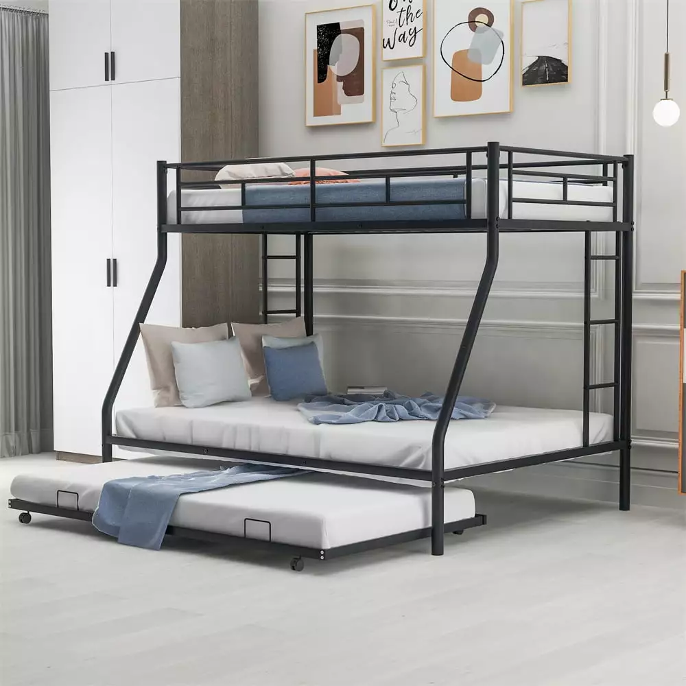 Metal Bunk Bed Twin over Full Twin Trundle Heavy Duty Frame 2 Ladders Guard Rail Noise Free Space-Saving Black ARCTICSCORPION