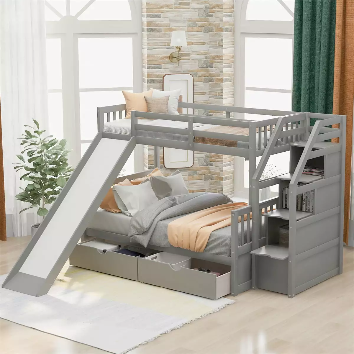 Twin Over Full Bunk Bed Solid Wood Frame 2 Storage Drawers Staircase Slide Shelves No Box Spring Needed Gray ARCTICSCORPION