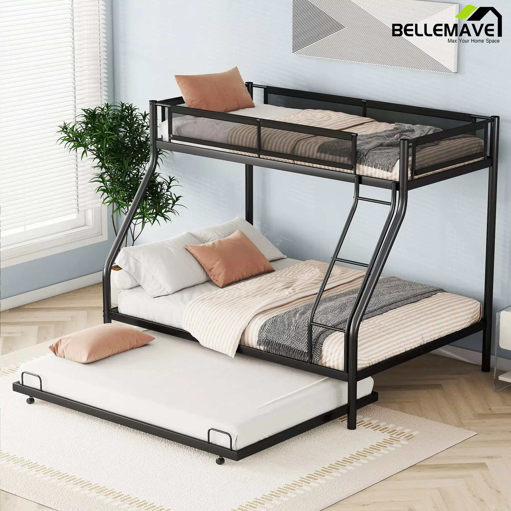 Bellemave Twin Over Full Metal Bunk Bed Trundle - Black Noise Reduced Bunk Bed Frame Kids Teens Adults