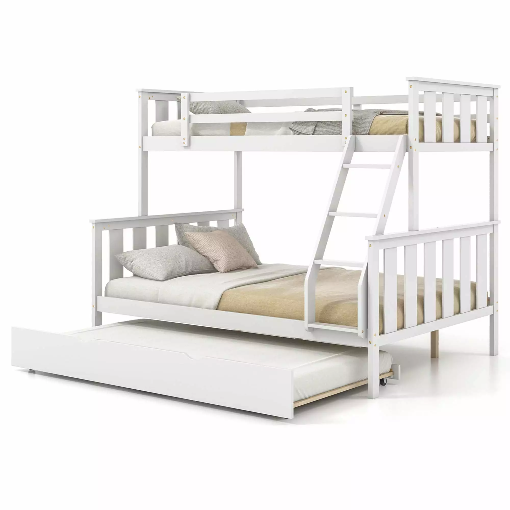 Costway Twin Over Full Bunk Bed Trundle Ladder Safety Guardrails 3--1 Convertible Beds White