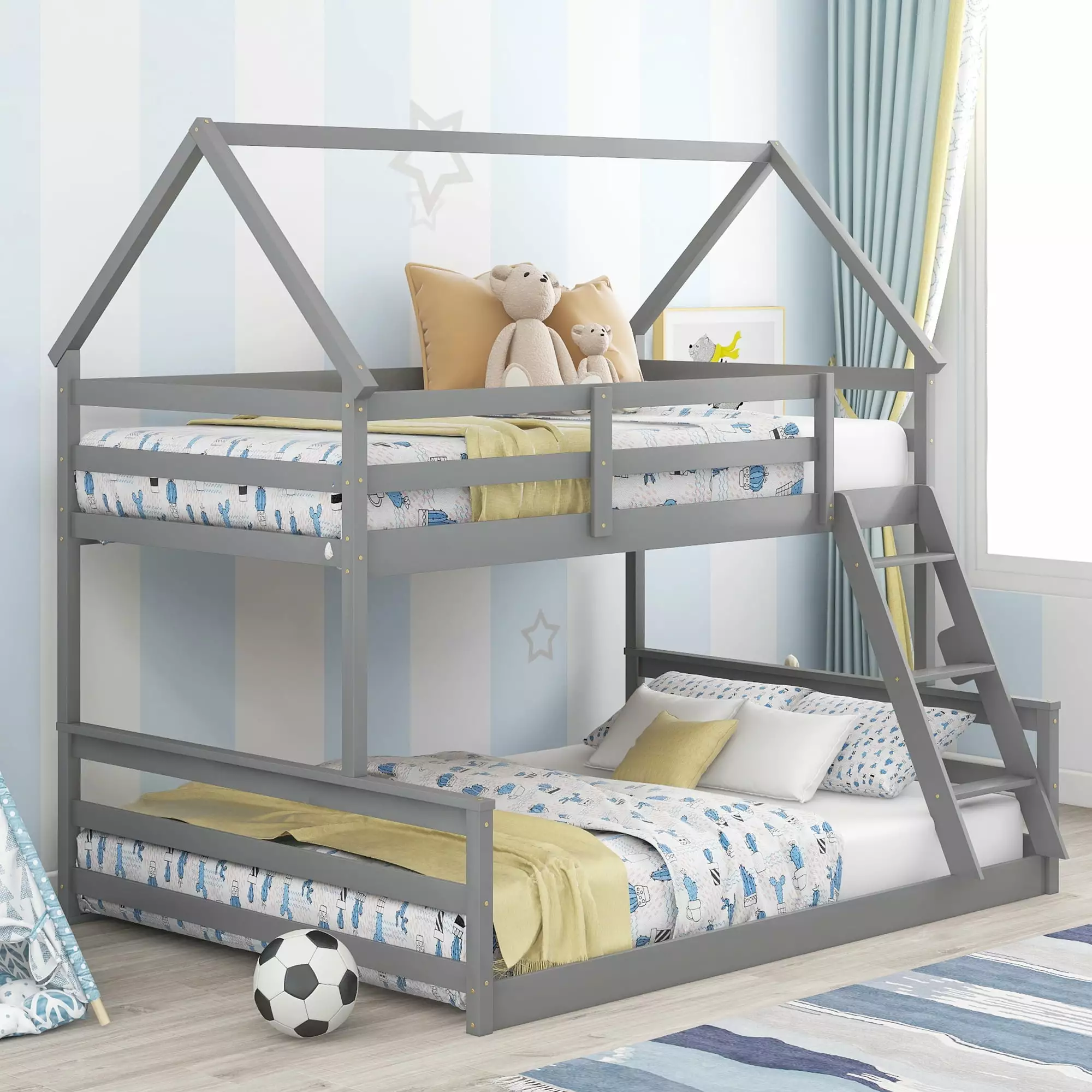 EUROCO Pine Wood Twin over Full Bunk Bed Gray Houtilize Shaped Kids Bedroom Space Saving Bunk Bed