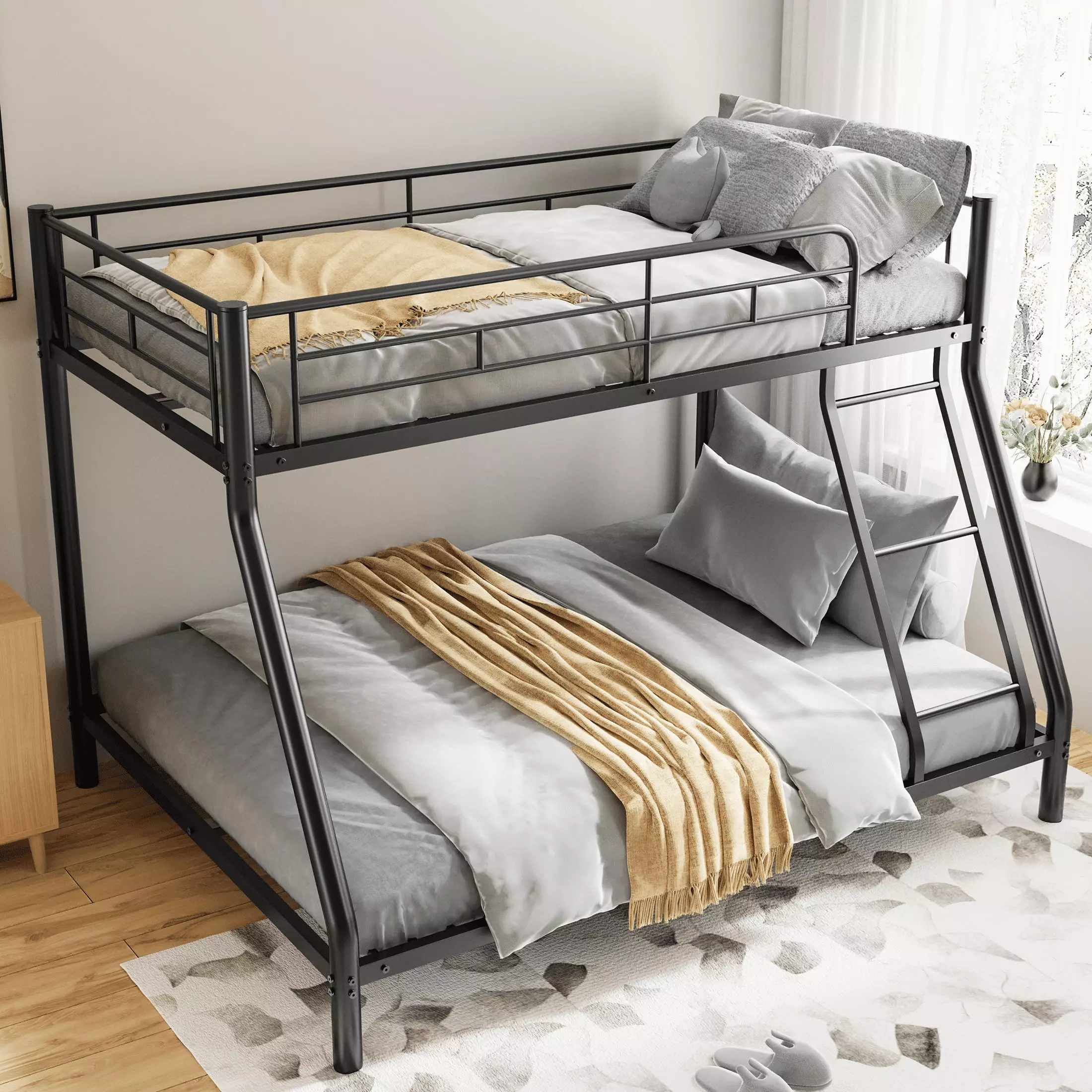 Jump Into Fun Bunk Bed Metal Twin over Full Bunk Bed Ladder Full Length Guard Rails Heavy Duty Sturdy Low Bunk Bed Kid Tee...