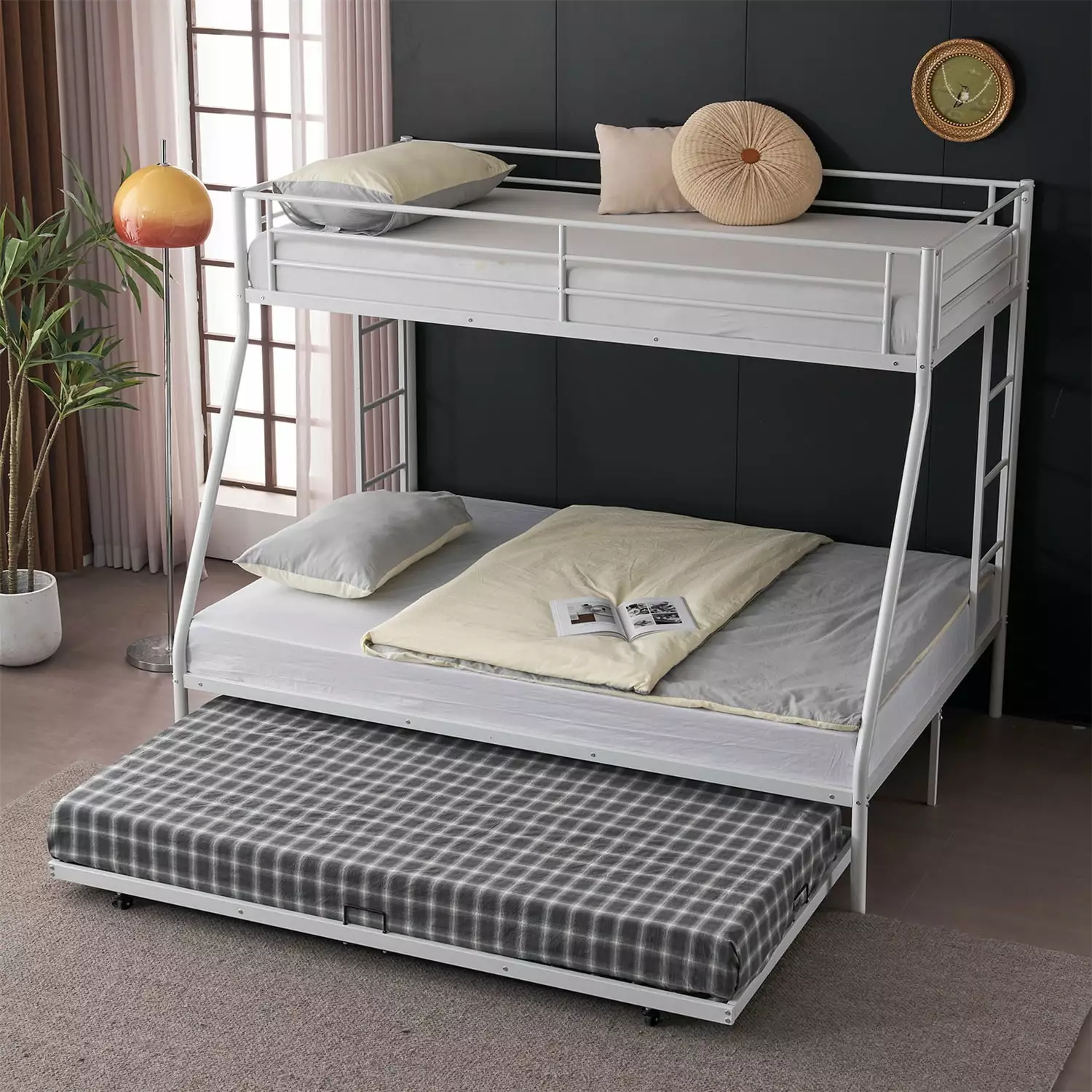 Ktaxon Metal Twin over Full Bunk Bed Moveable Trundle - White Bunk Bed 2 Ladders Bedroom