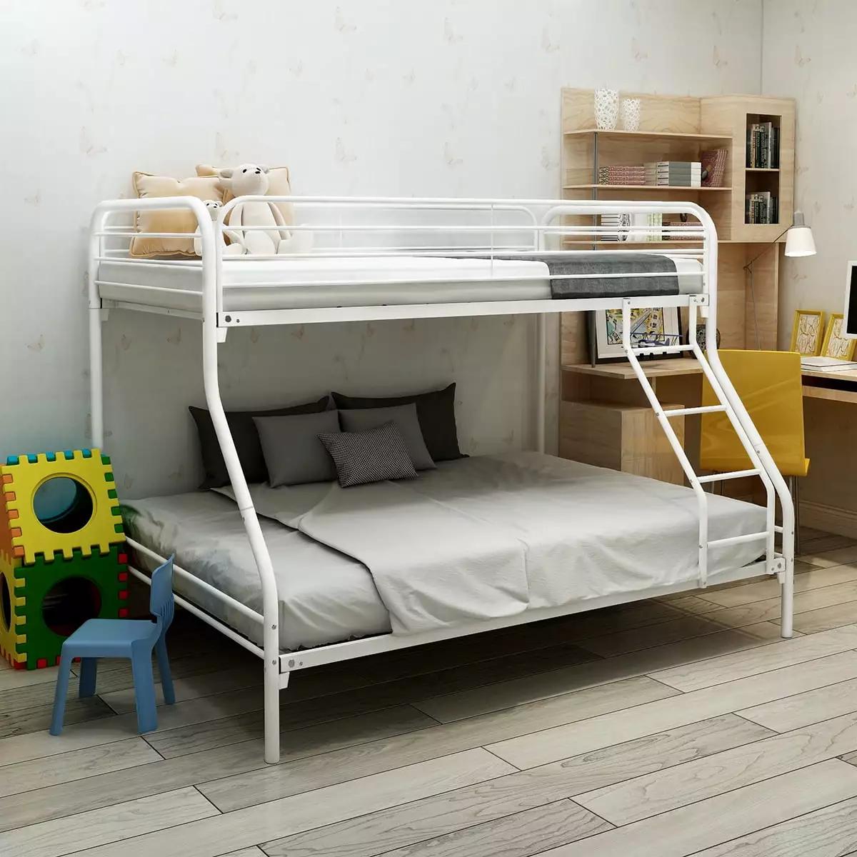 uhomepro Twin Over Full Metal Bunk Bed Flat Ladder and Guardrail - White Heavy Duty Bunk Bed Kids