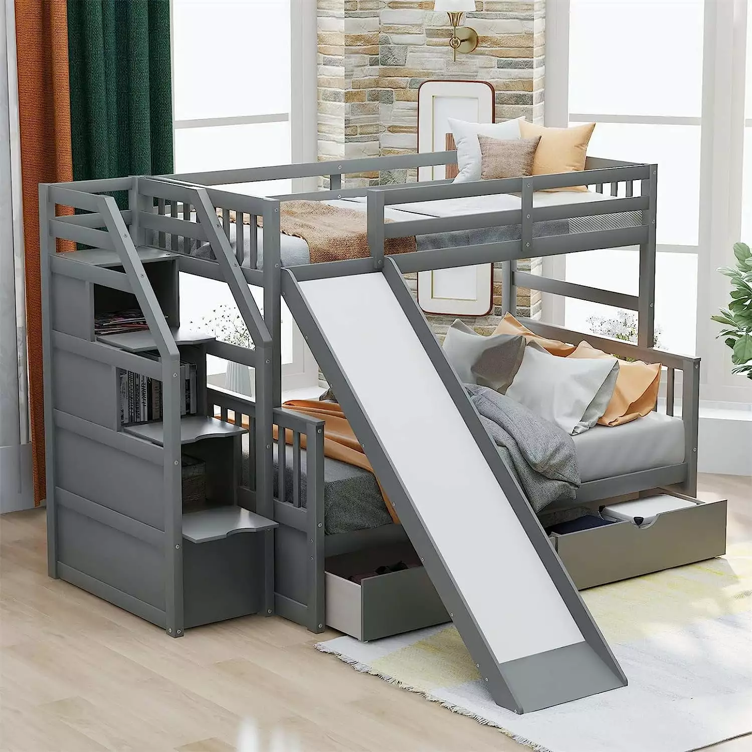 Bellemave Twin Over Full Bunk Bed Stairs Slide and Storage Drawers Gray