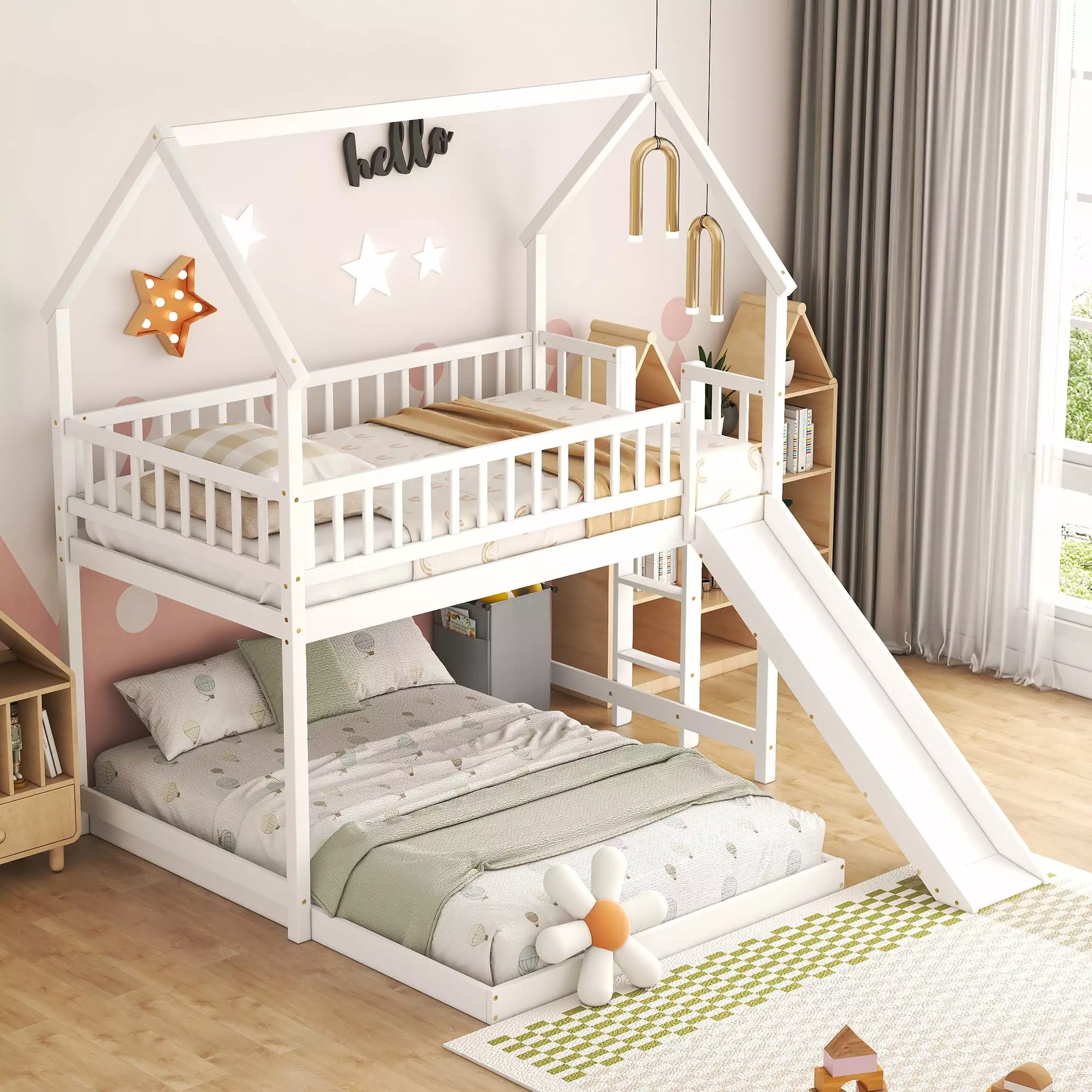 EUROCO Twin Over Full Houtilize Bunk Bed Slide and Built- Ladder White