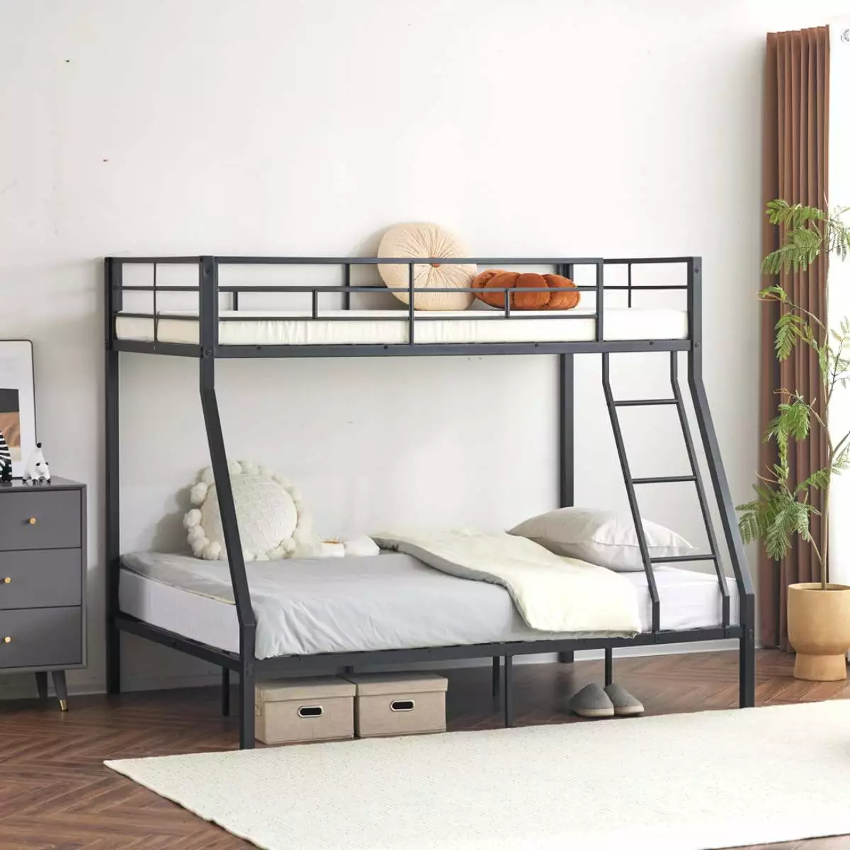 Ktaxon Twin Over Full Metal Bunk Bed Stairs - Full-Length Guardrail Black Space Saving Design