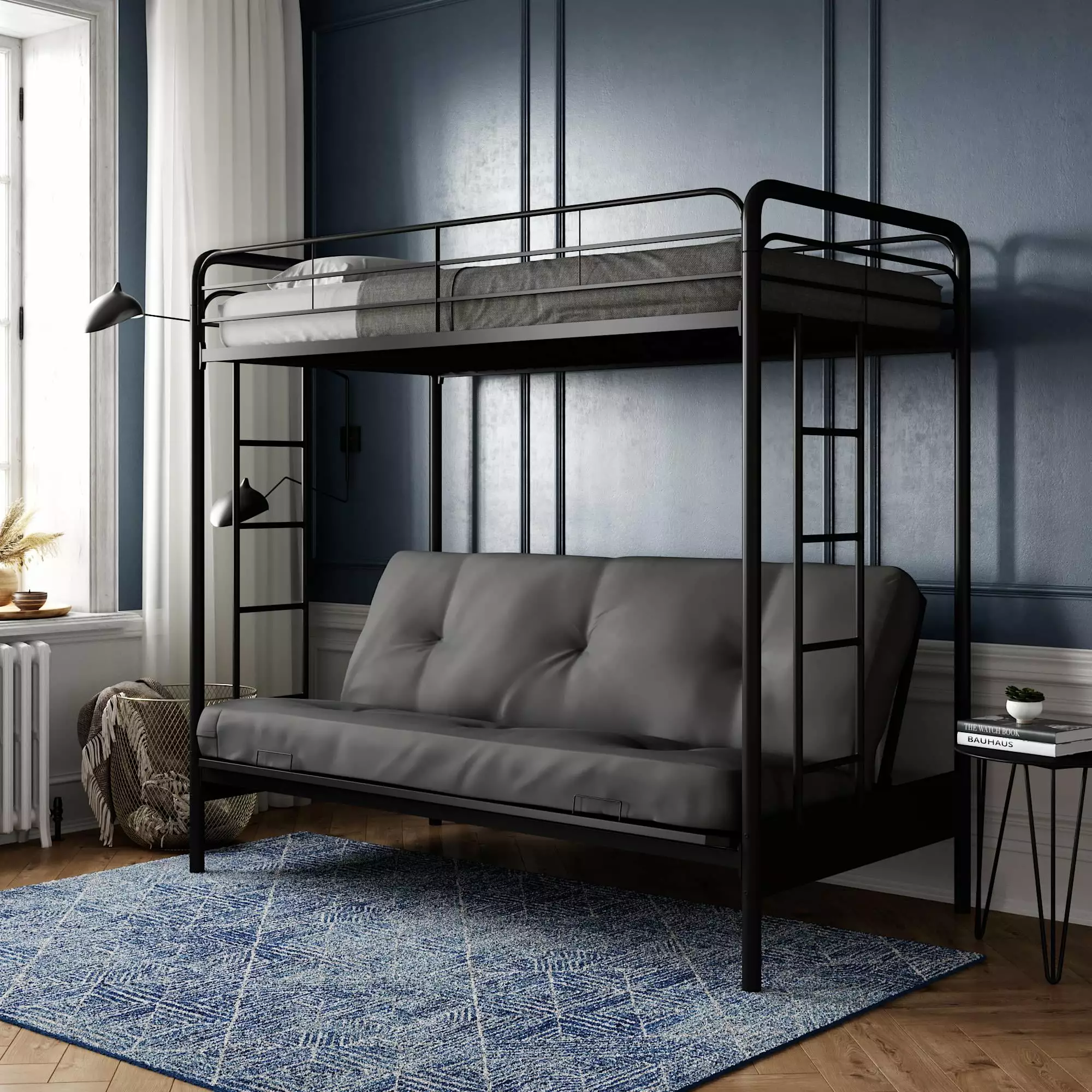 DHP Sammie Twin over Futon Metal Bunk Bed Black Finish