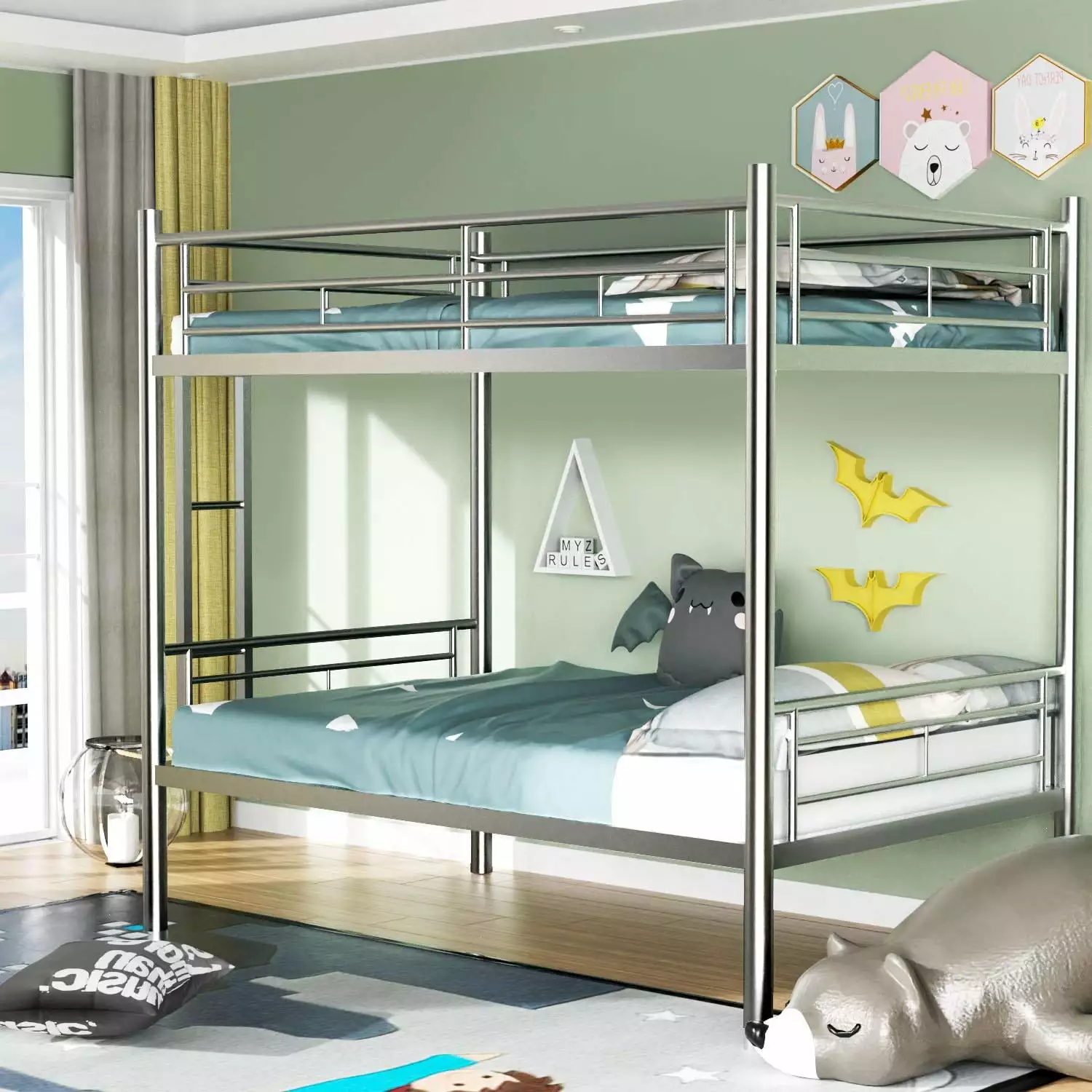 ADHINO Twin Over Twin Bunk Bed Guard Rails and Ladders Kids Teens - Silver Metal Bed Frame Home Dorm Office