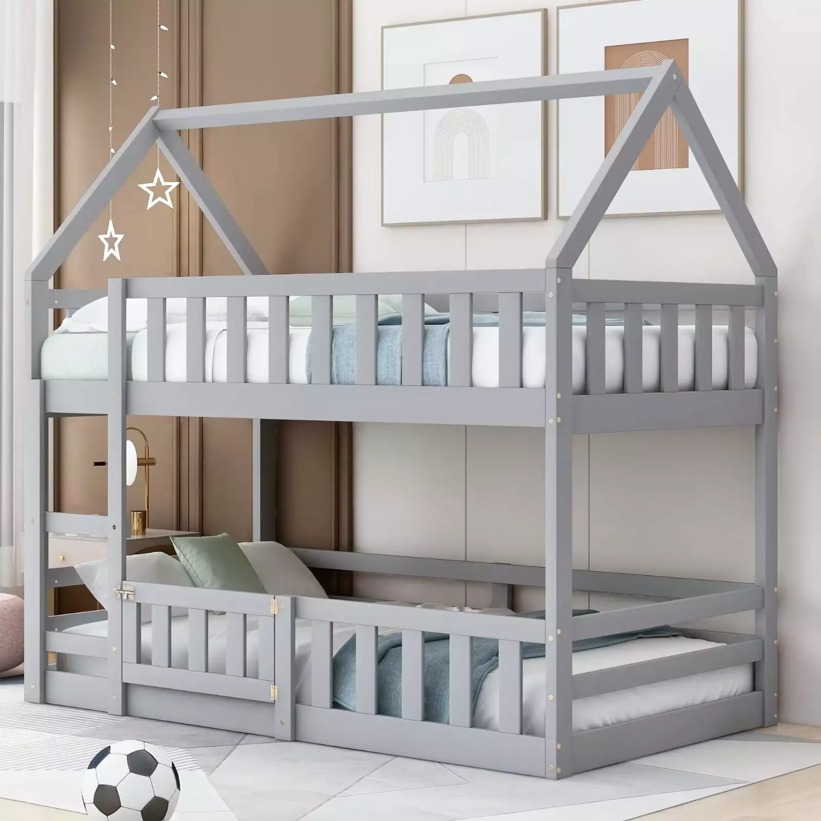 Bunk Bed Twin over Twin Size Wood Bed Frame Gray Houtilize Shaped Floor Bunk Beds Fence Guardrail Kids ARCTICSCORPION
