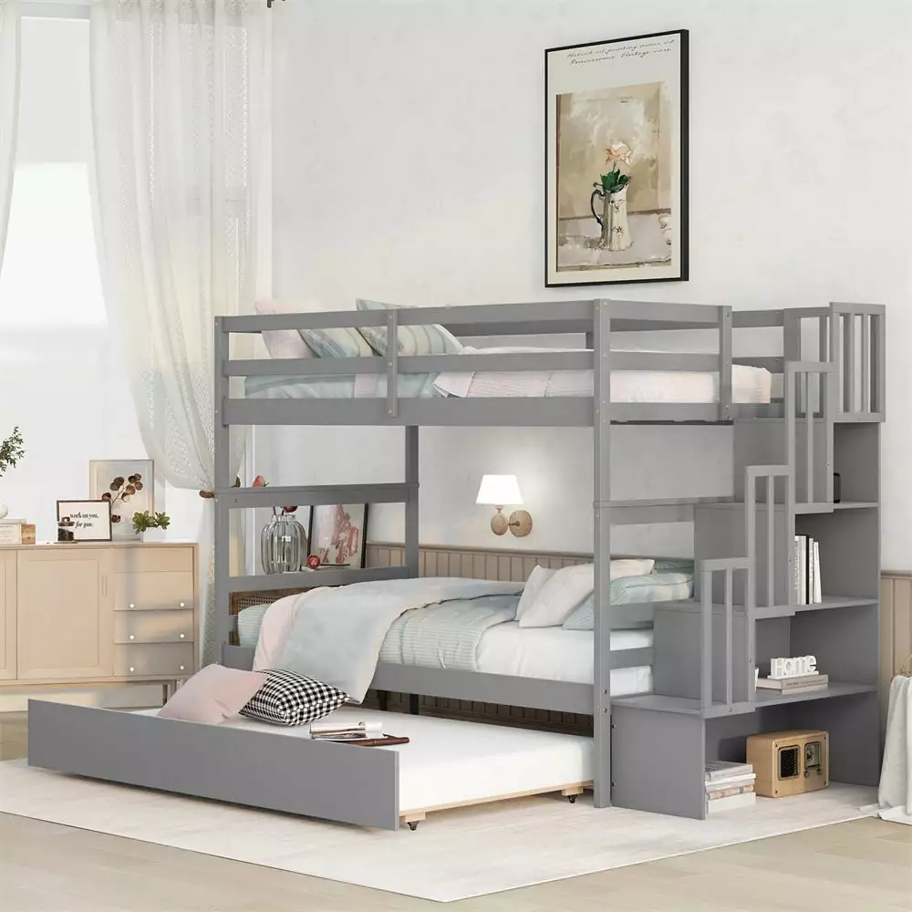 Convertible Bunk Bed Trundle and Stairs - Solid Wood Twin Over Twin Bunk Bed Frame Storage Stairway Gray ARCTICSCORPION