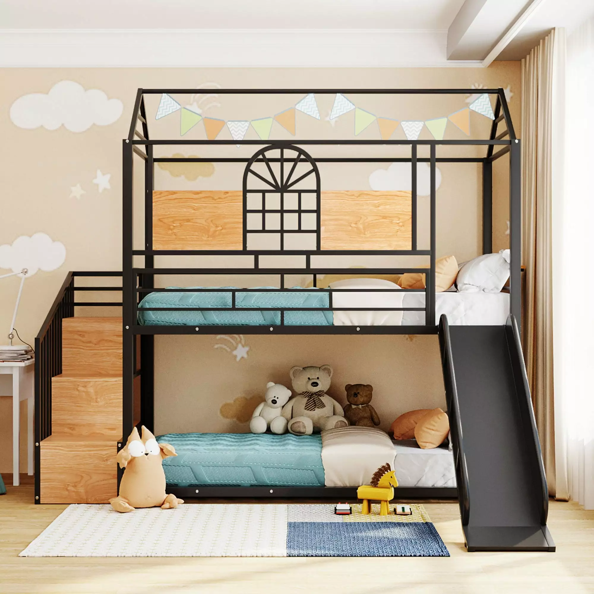 Bellemave Bunk Bed Slide and Stairs - Metal Twin Over Twin High Bunk Bed Frame Storage Shelves Kids Boys Girls Teens Black