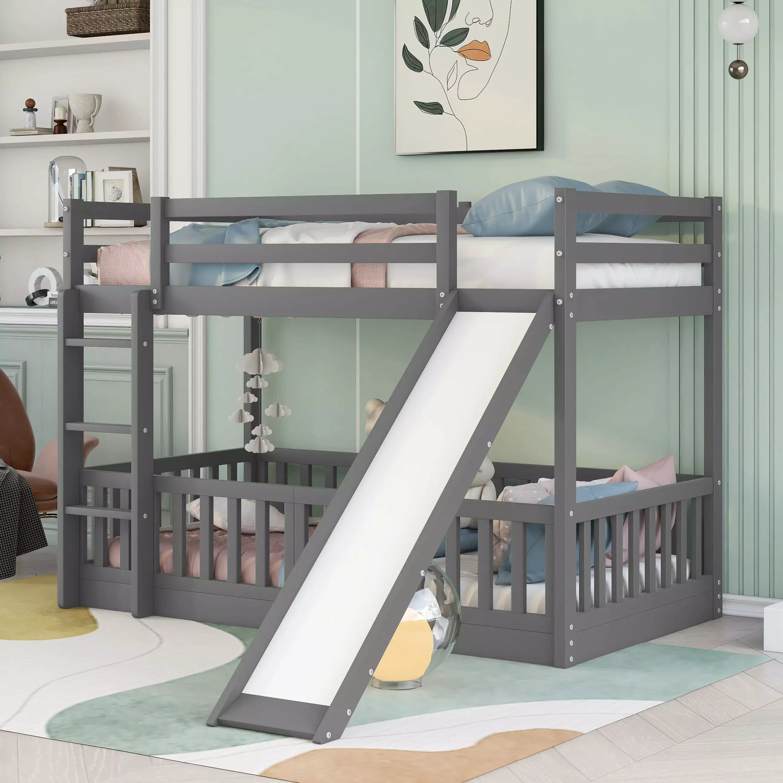 Bellemave Low Bunk Bed Slide - Twin Over Twin Junior Bunk Bed Frame Toddler Kids Teens Gray