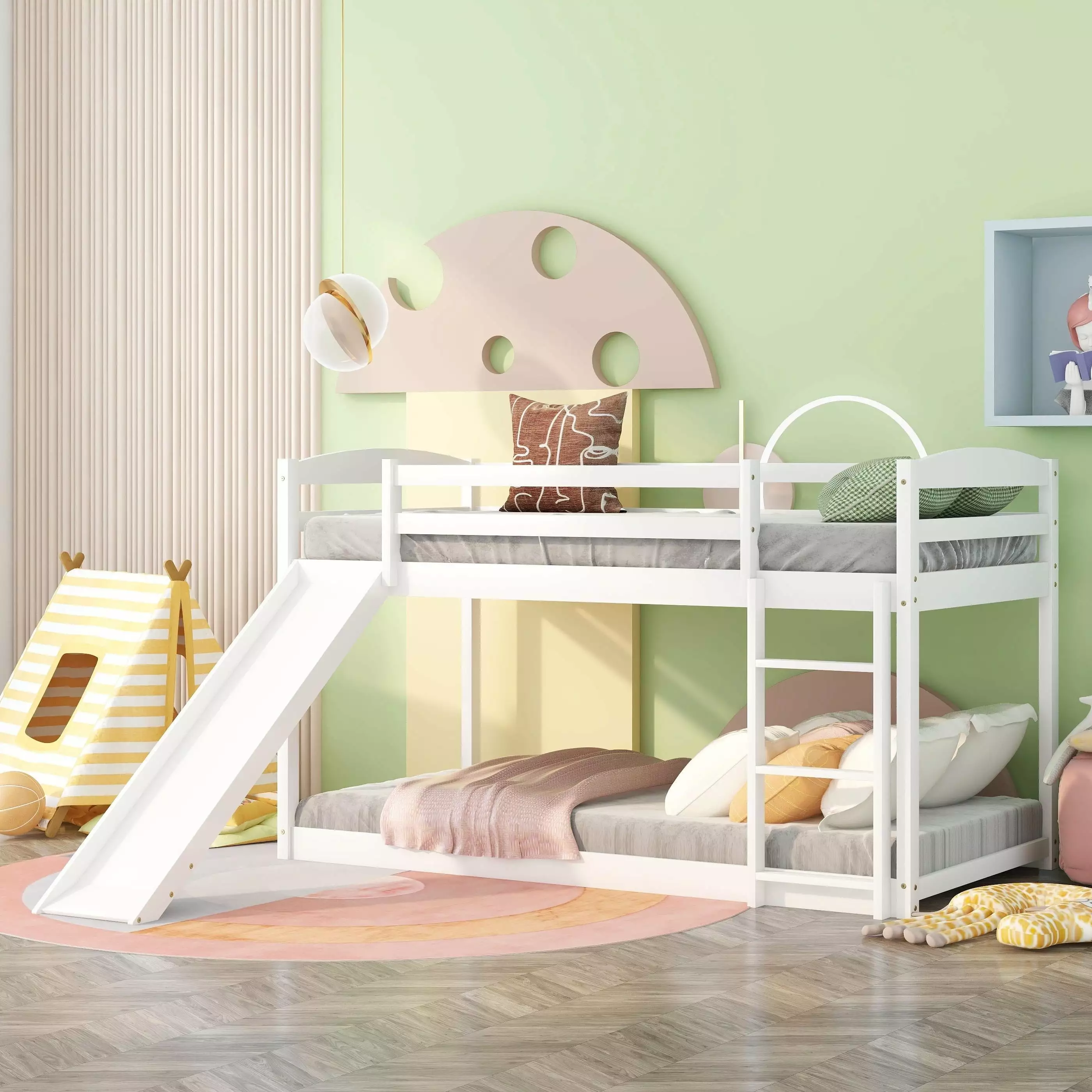 Bellemave Low Bunk Beds Twin Over Twin Slide Wooden Floor Bunk Bed Frame Toddler Girls Boys