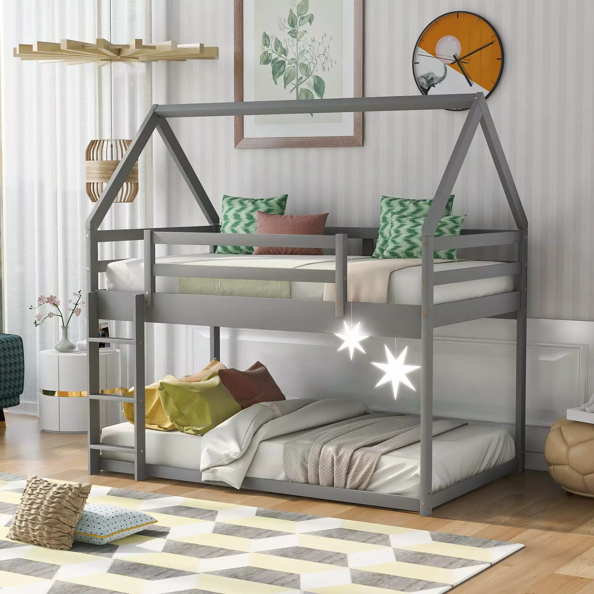Euroco Twin over Twin Low Bunk Bed Kid's Room Gray Finish