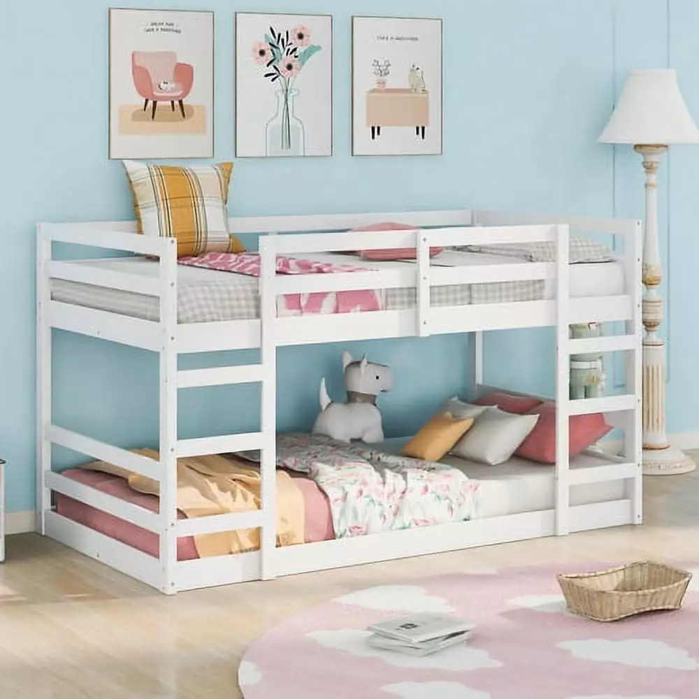 Bunk Bed Twin Over Twin Solid Wood Low Bunk Bed Frame Full-Length Guardrail Two Built- Ladders Multifunctional Floor Bunk ...
