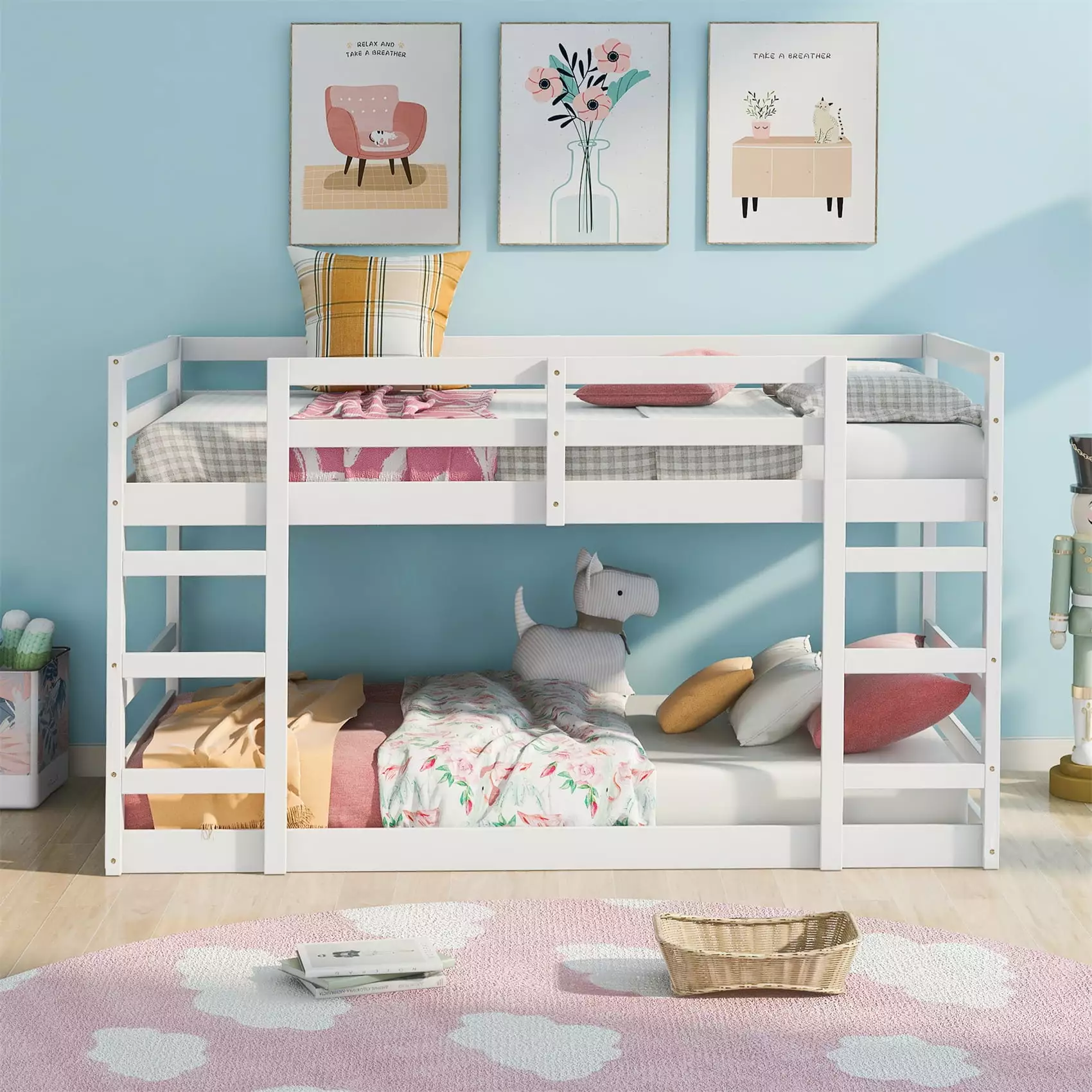 Low Bunk Bed Twin over Twin Size Wood Frame 2 Ladders Full-length Guardrail Kids Boys Girls White INCLAKE