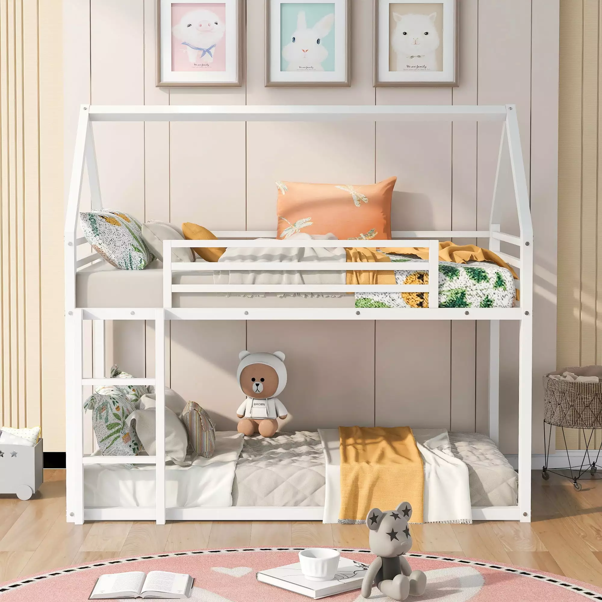 KOFUN Metal Bunk Bed Twin over Twin Houtilize Bunk Bed Built- Ladder Low Bunk Bed Kids Toddlers Teens White