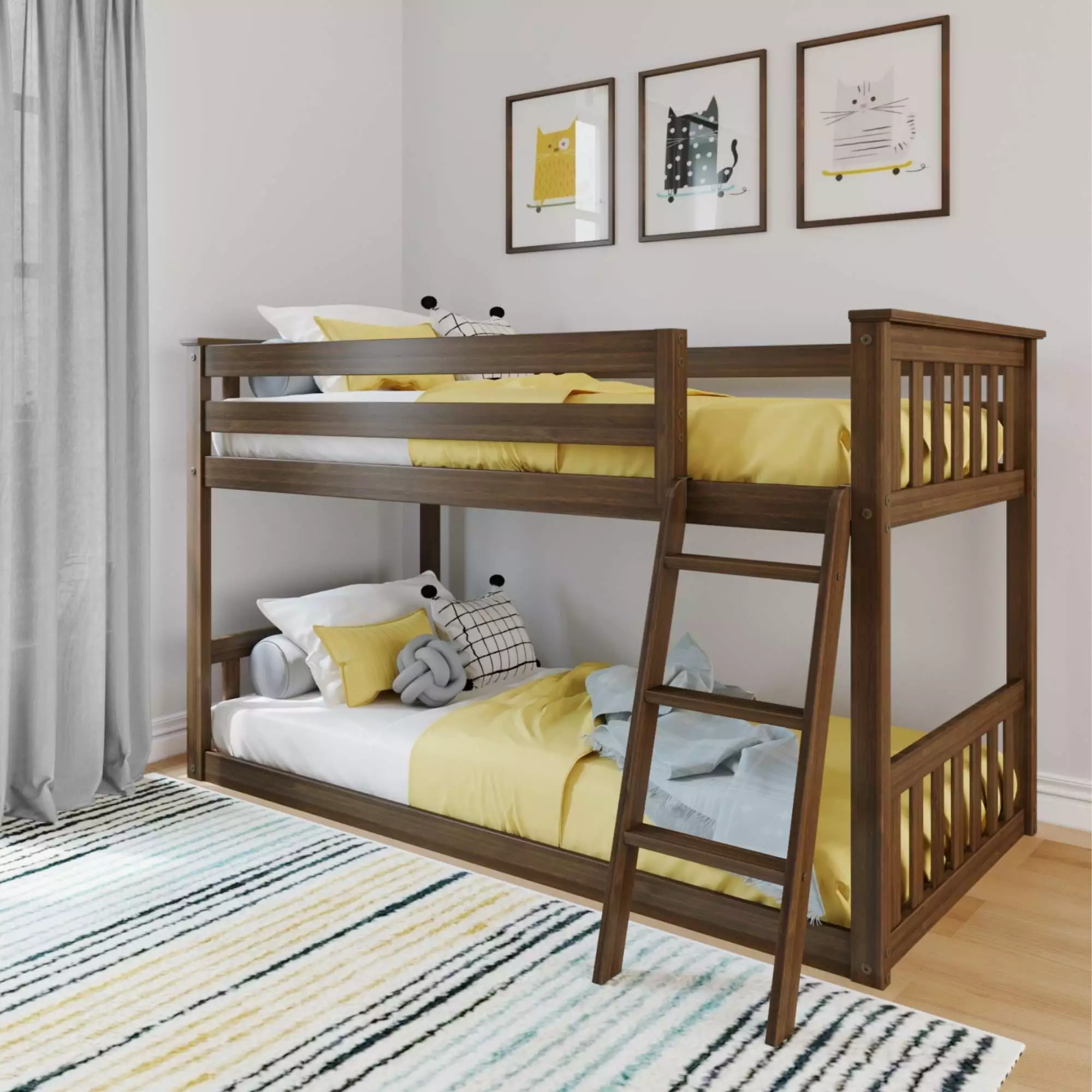 Max & Lily Twin Over Twin Low Bunk Bed Kids Walnut Solid Wood