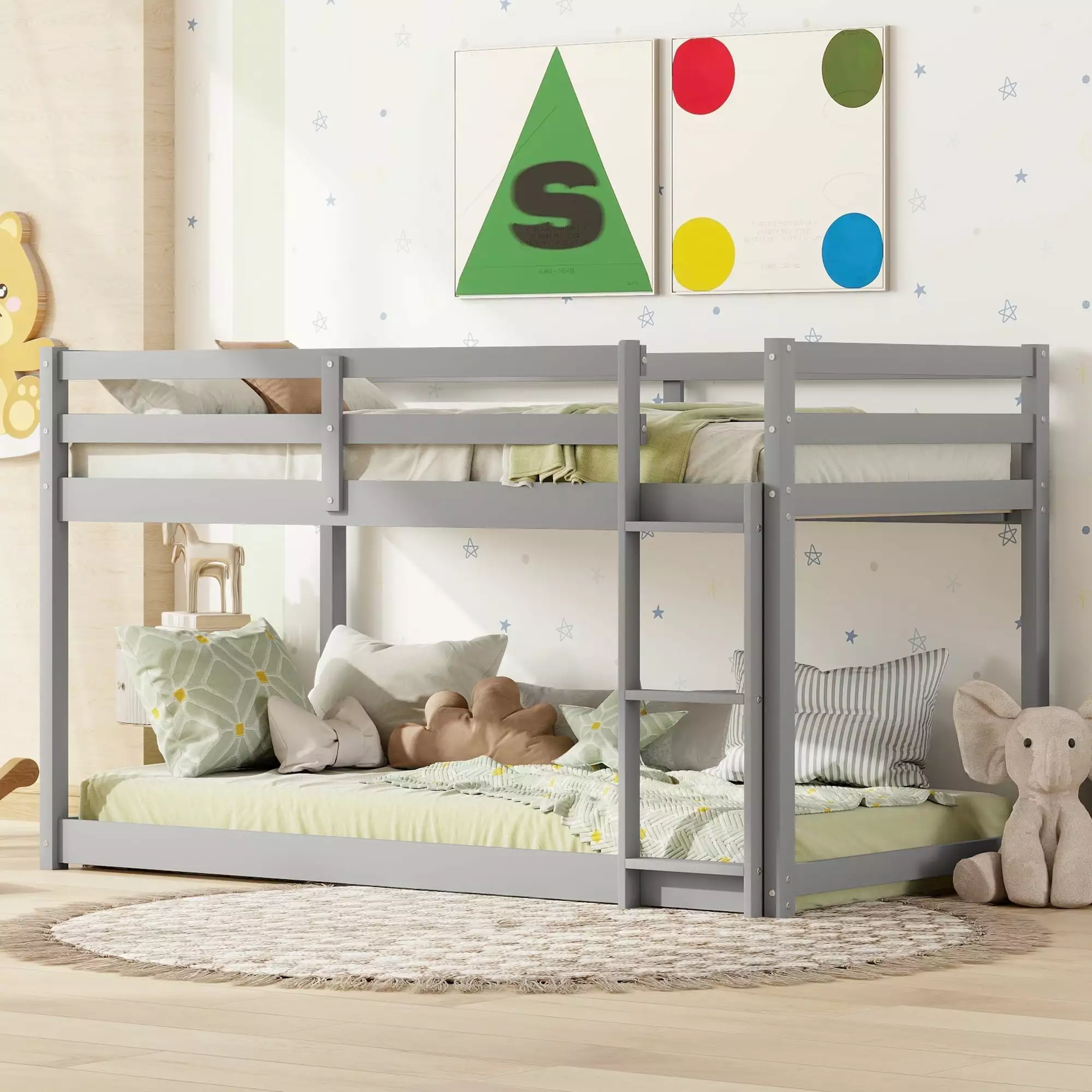 Merax Twin Over Twin Floor Bunk Beds Ladder and Guardrail Gray Space Saving Design