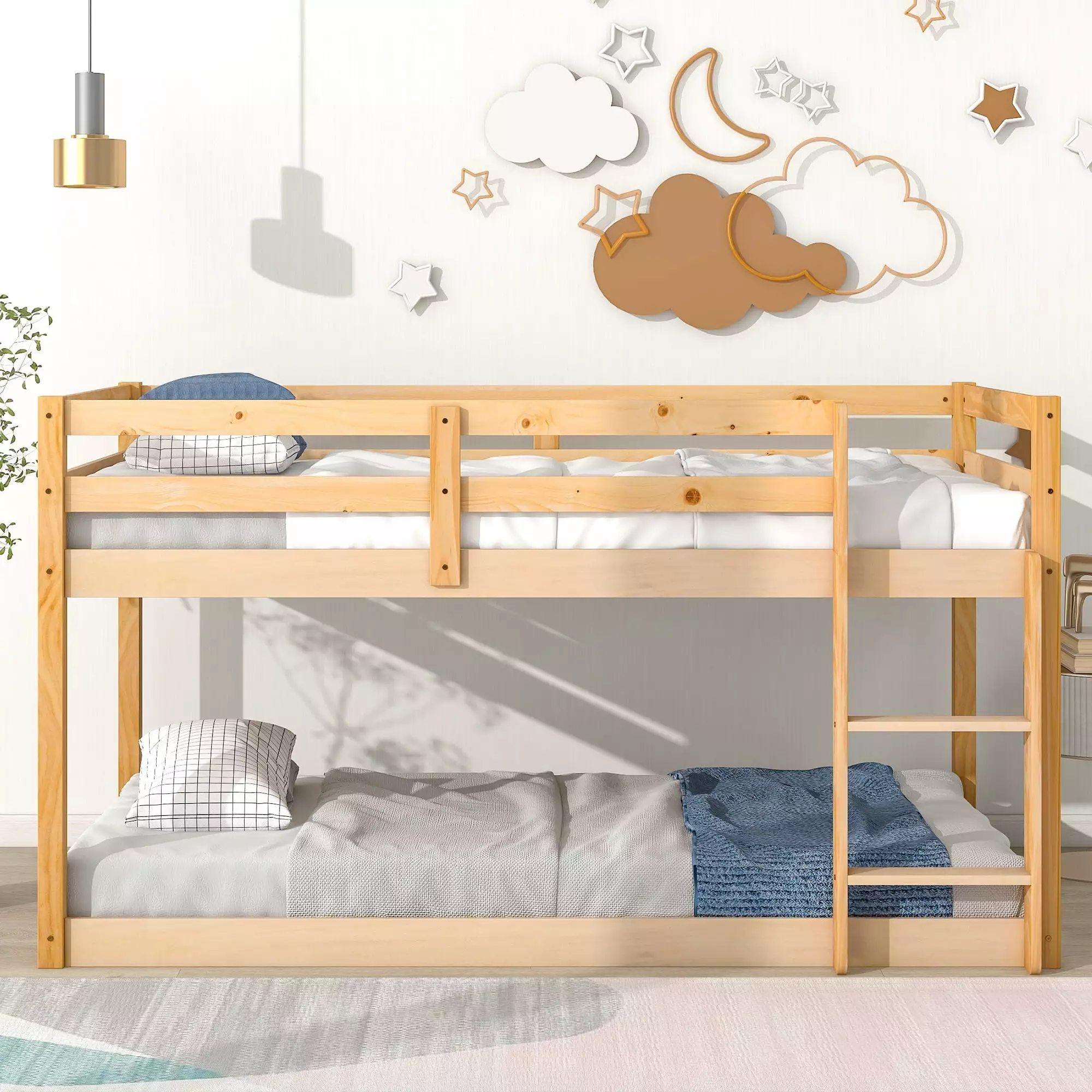 SEGMART Twin Over Twin Low Bunk Bed Ladder Wooden Frame Guardrail Kids Toddlers Teens Nature Finish