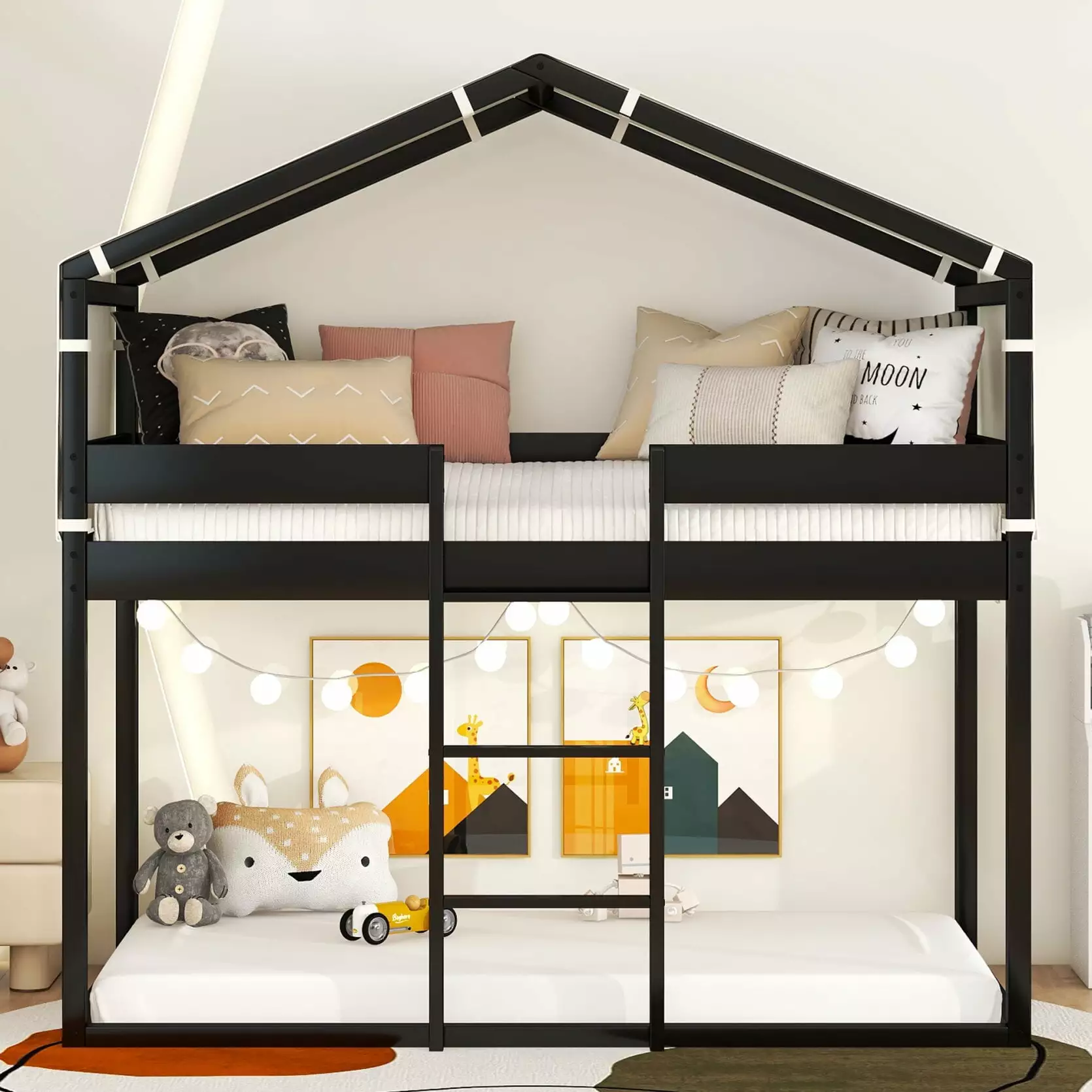Twin Over Twin Bunk Bed Wood Houtilize Bunk Bed Frame Ladder Guardrail and Roofs Floor Bunk Bed Teens Girls Boys Espresso ...