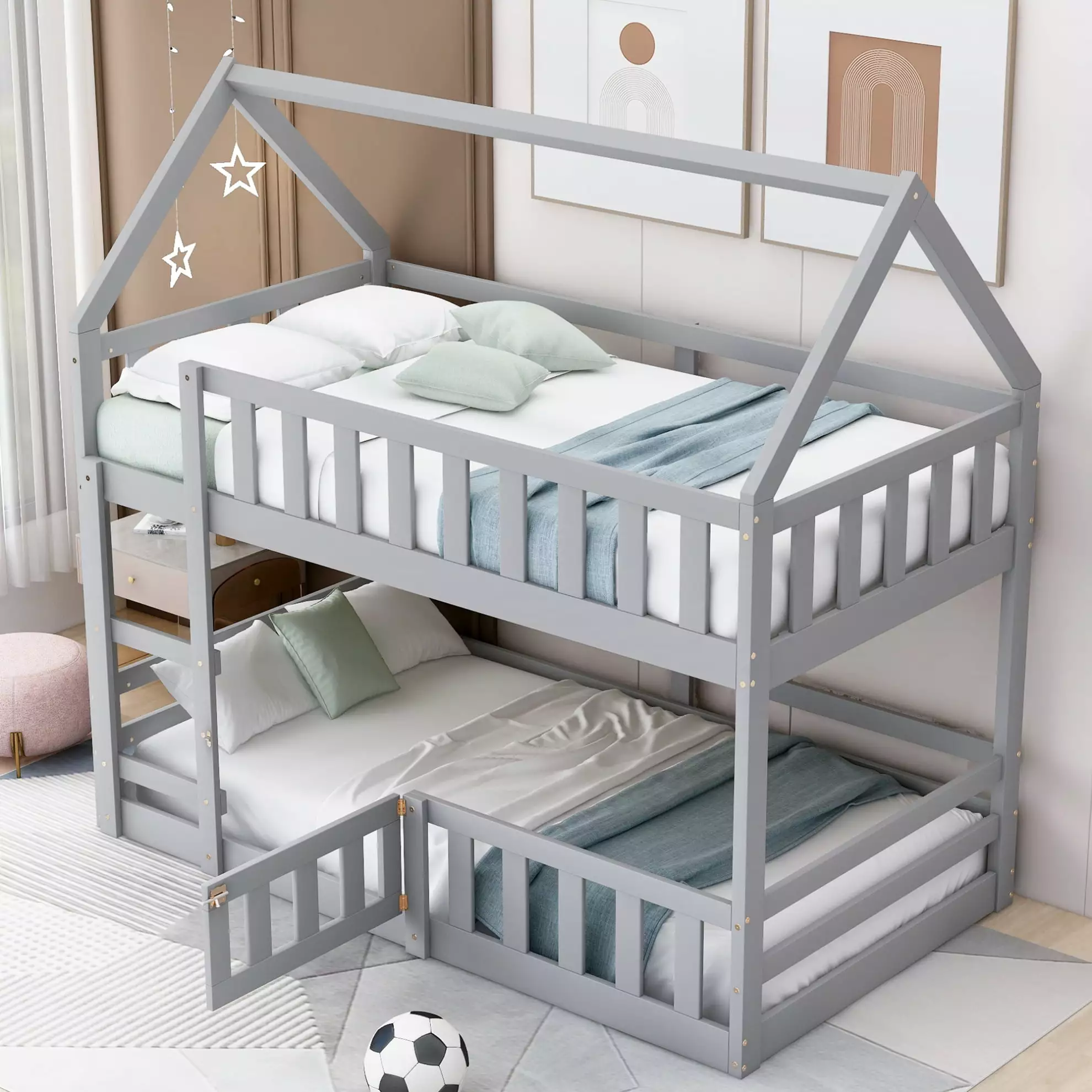 Twin Over Twin Houtilize Bunk Bed Fence and Door Kids Bunk Bed Roof and Ladder Floor Bunk Bed Frame Slats Support Kids Boy...