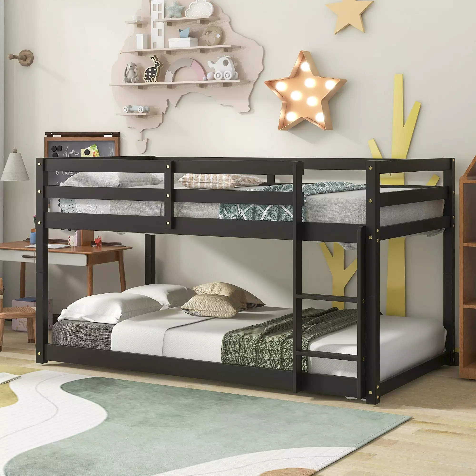 Solid Wood Twin Over Twin Floor Bunk Bed Kids Protectty Rail and Ladder Espresso uhomepro