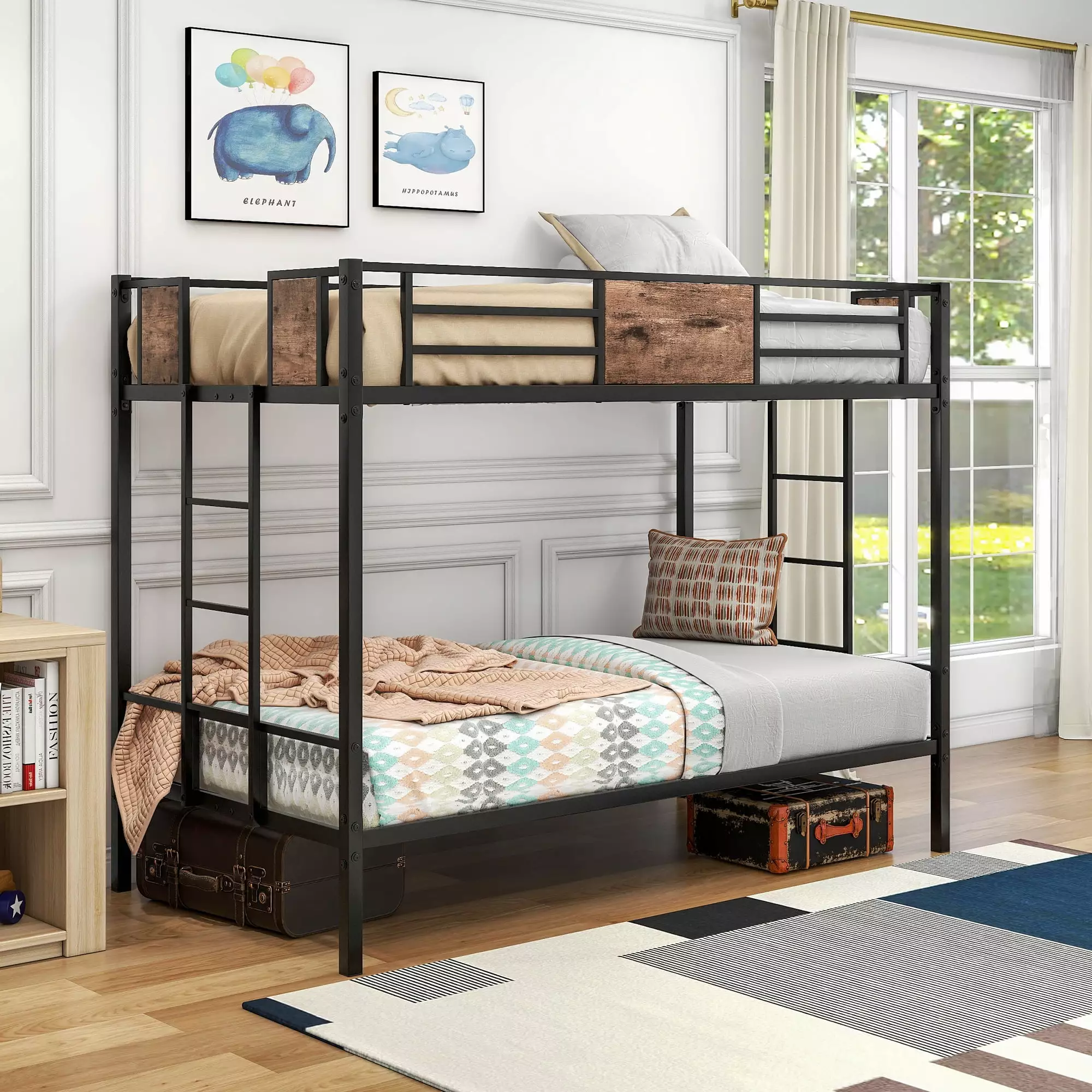uhomepro Twin Over Twin Bunk Beds Metal Frame Kids Adults Side Ladder Guard Rail No Box Spring Needed Black