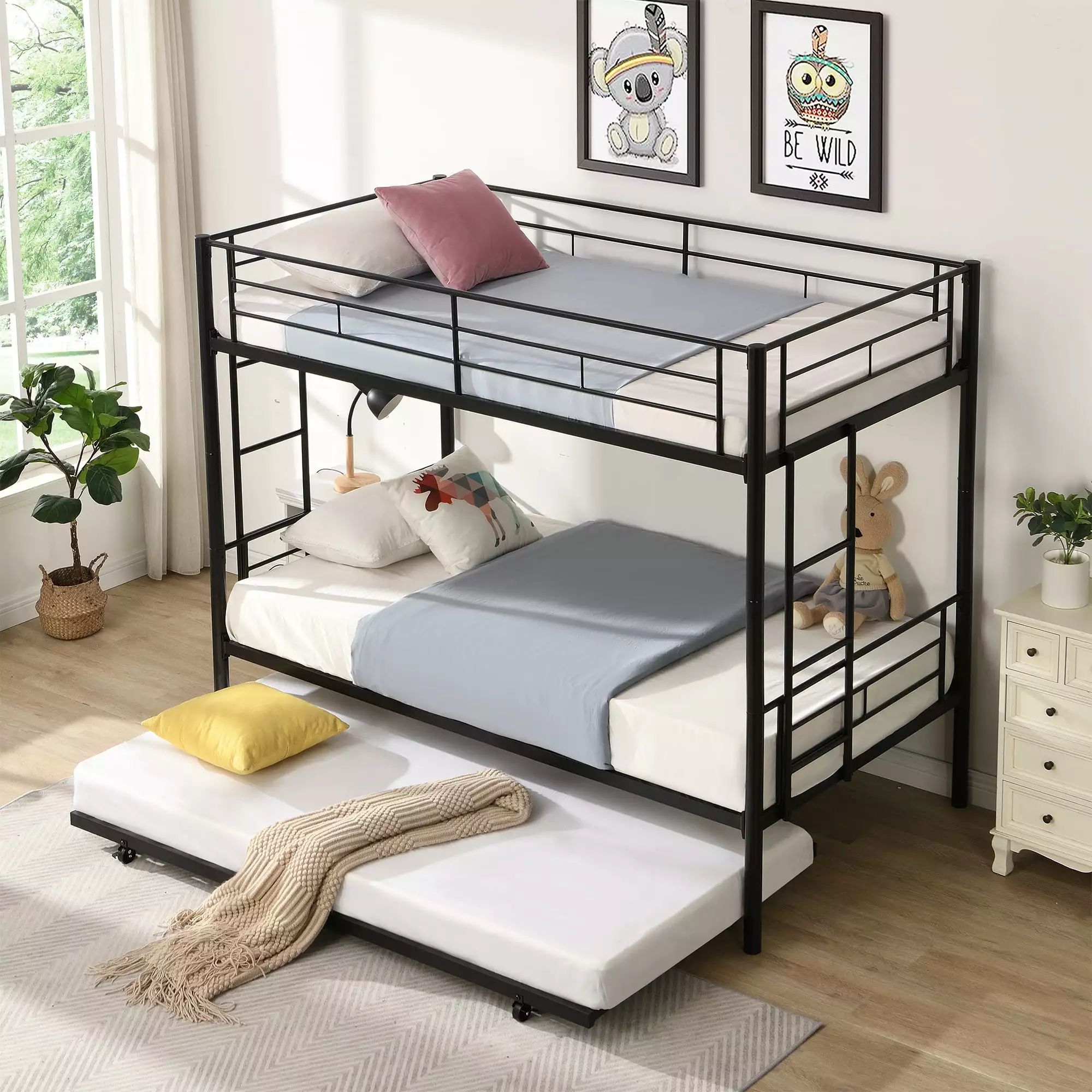 Twin over Twin Bunk Bed Trundle Heavy Duty Metal Frame Sturdy Guard Rail Kids Adults Black Clipeyh