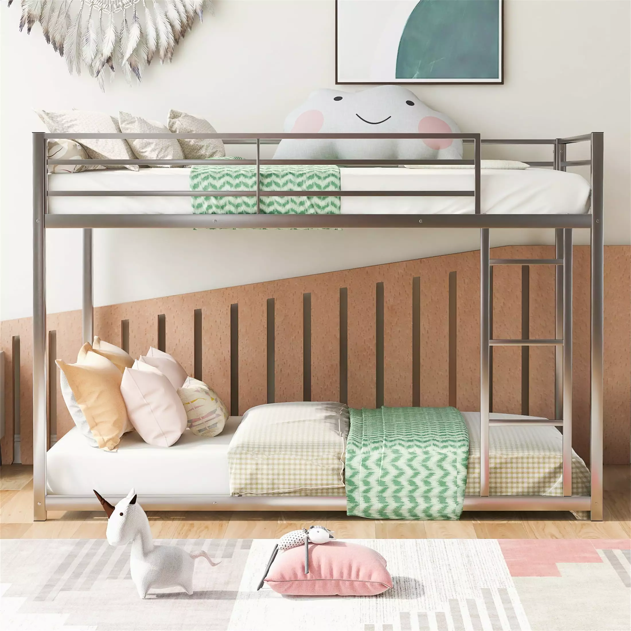 Twin over Twin Metal Bunk Bed Low Profile Kids Teens Dorm Bedroom Silver Aukfa