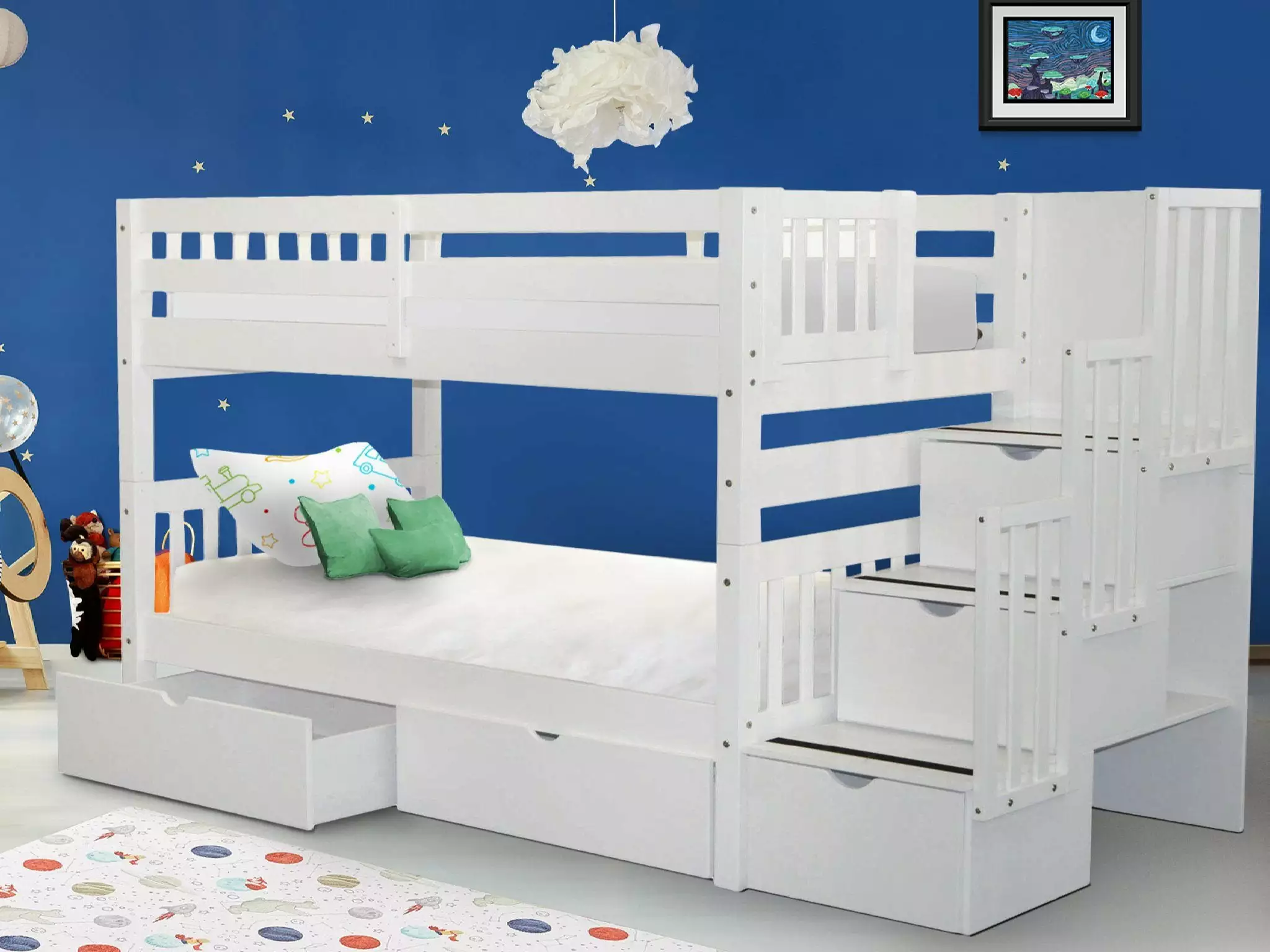Bedz King Twin Over Twin Stairway Bunk Bed 3 Step Drawers and 2 Under Bed Drawers White
