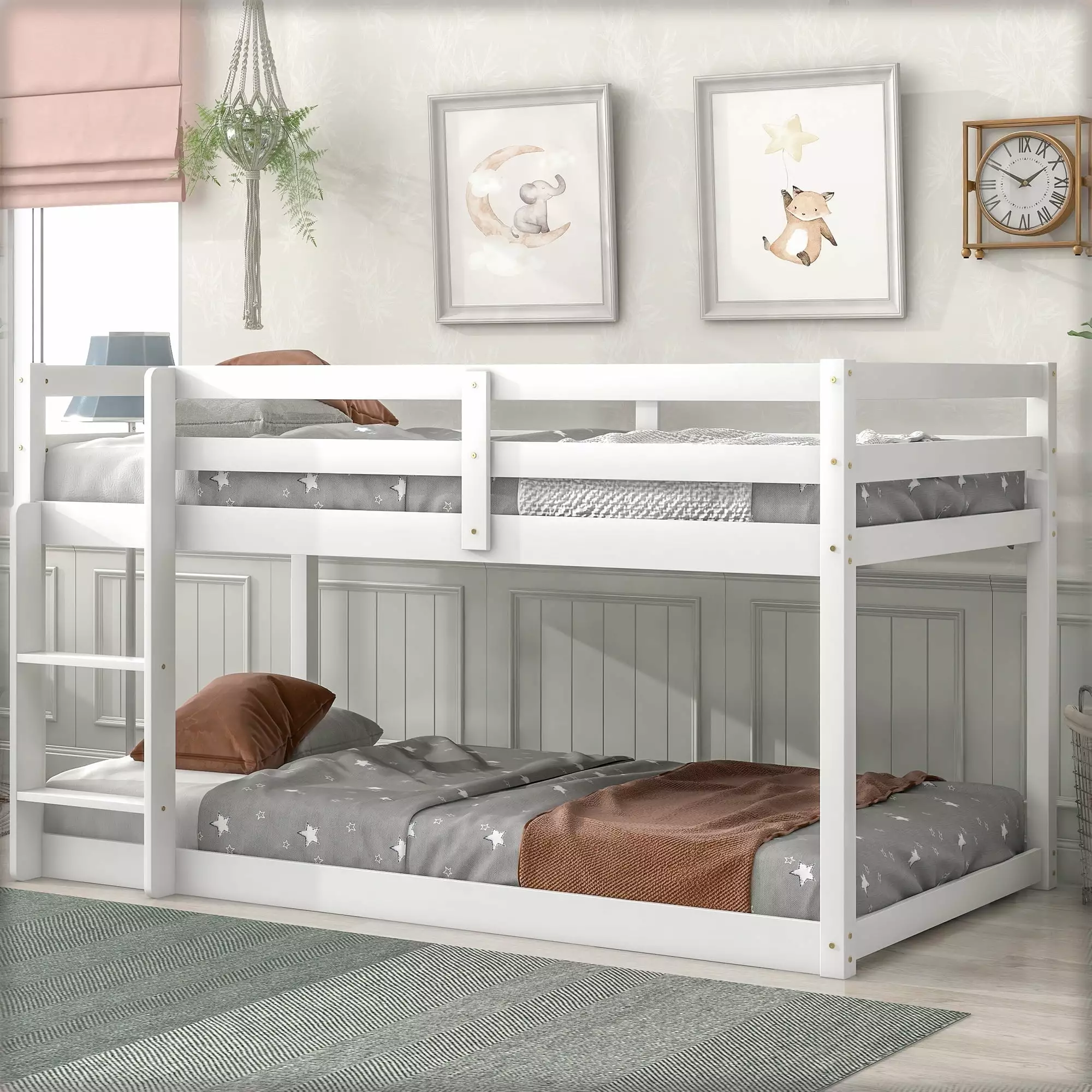 Bellemave Twin Over Twin Low Bunk Bed - Pink Solid Wood Frame Ladder & Guardrails