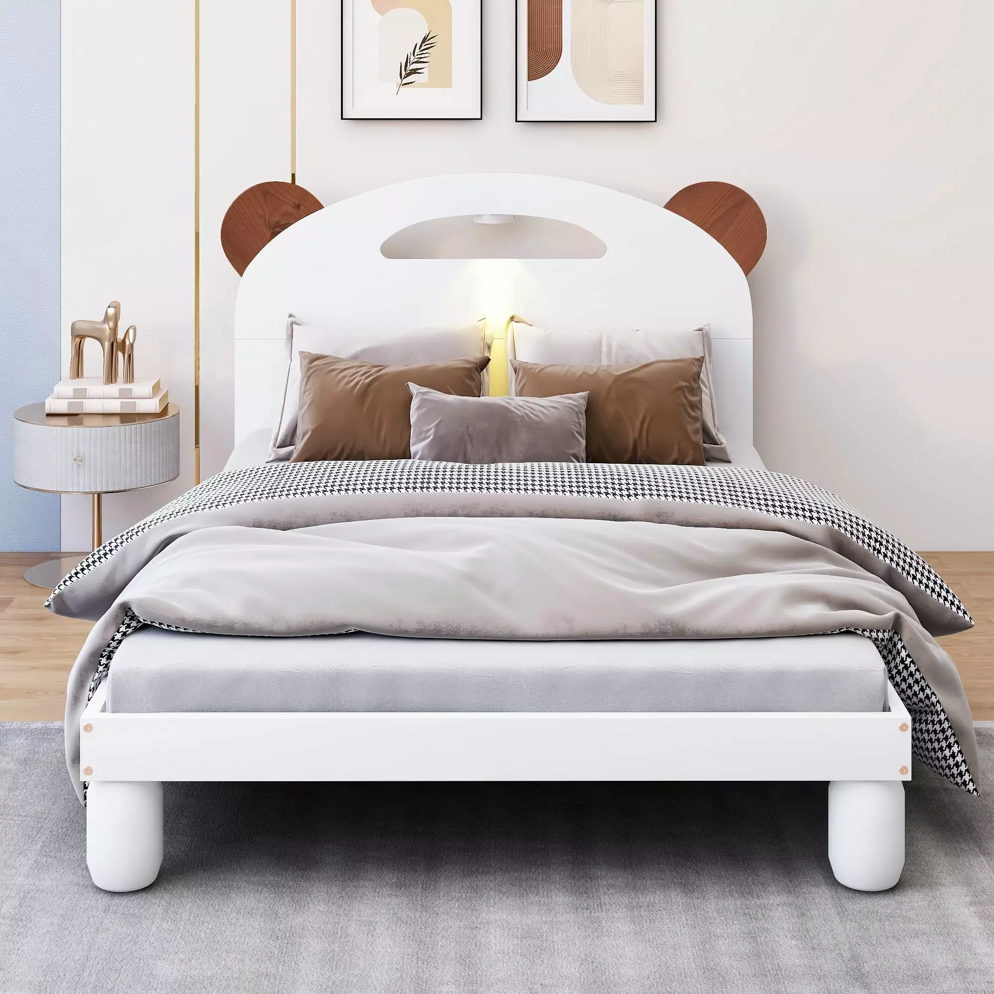 Bellemave Twin Over Twin Solid Wood Children's Platform Bed Bear Headboard and LED Cream White