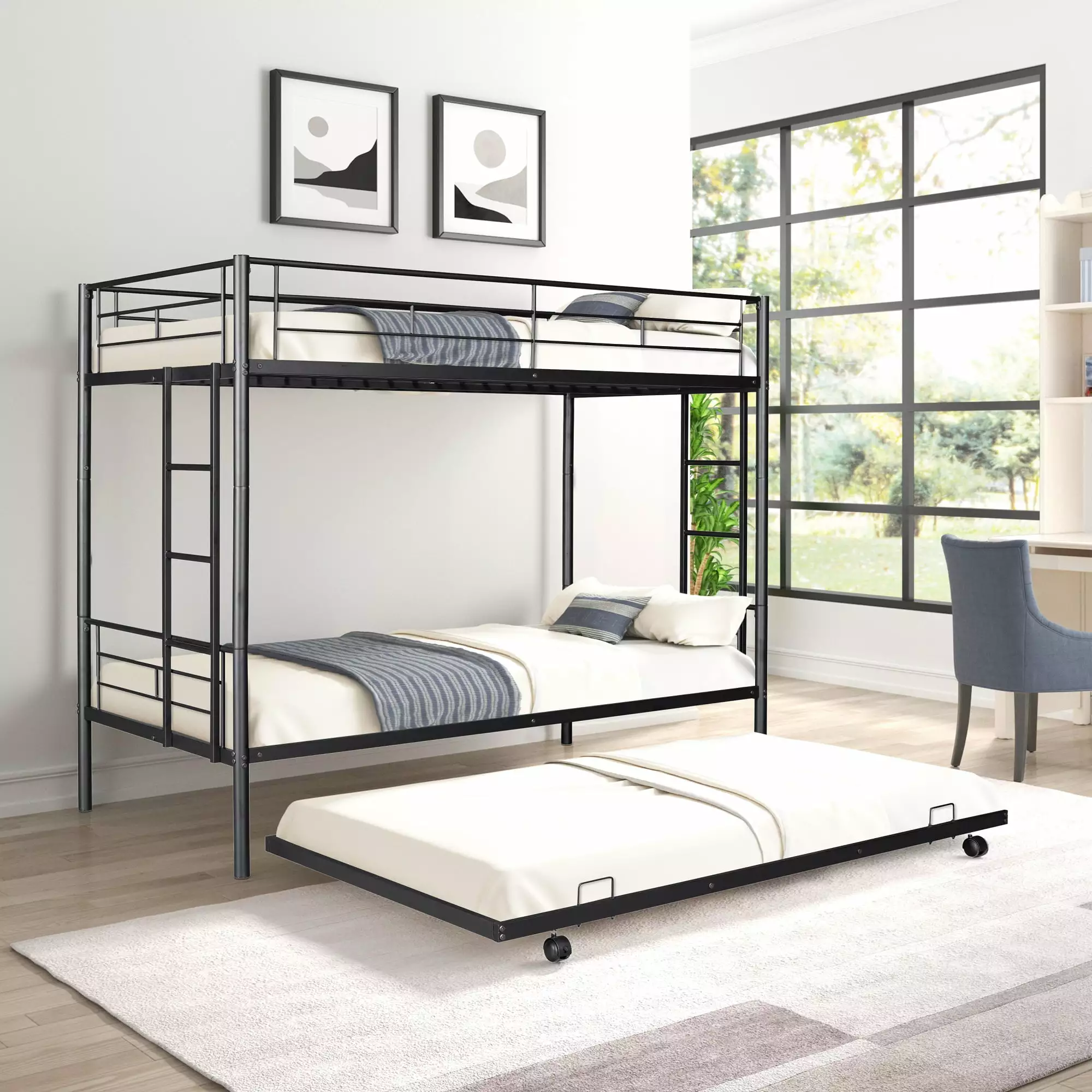 Homata Twin Over Twin Bunk Bed Trundle Metal Frame Kids Teens