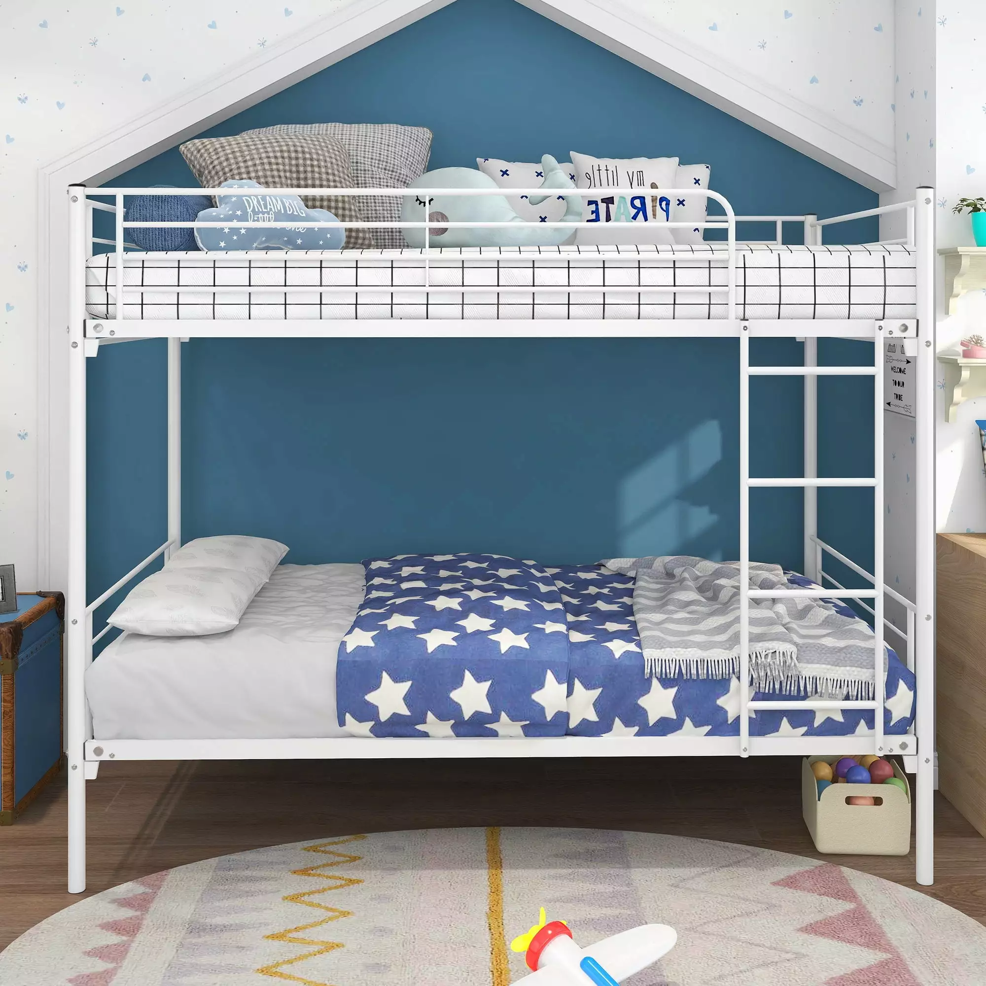 Kacho Twin Over Twin Metal Bunk Bed - White Frame Full-Length Guardrail & Ladder