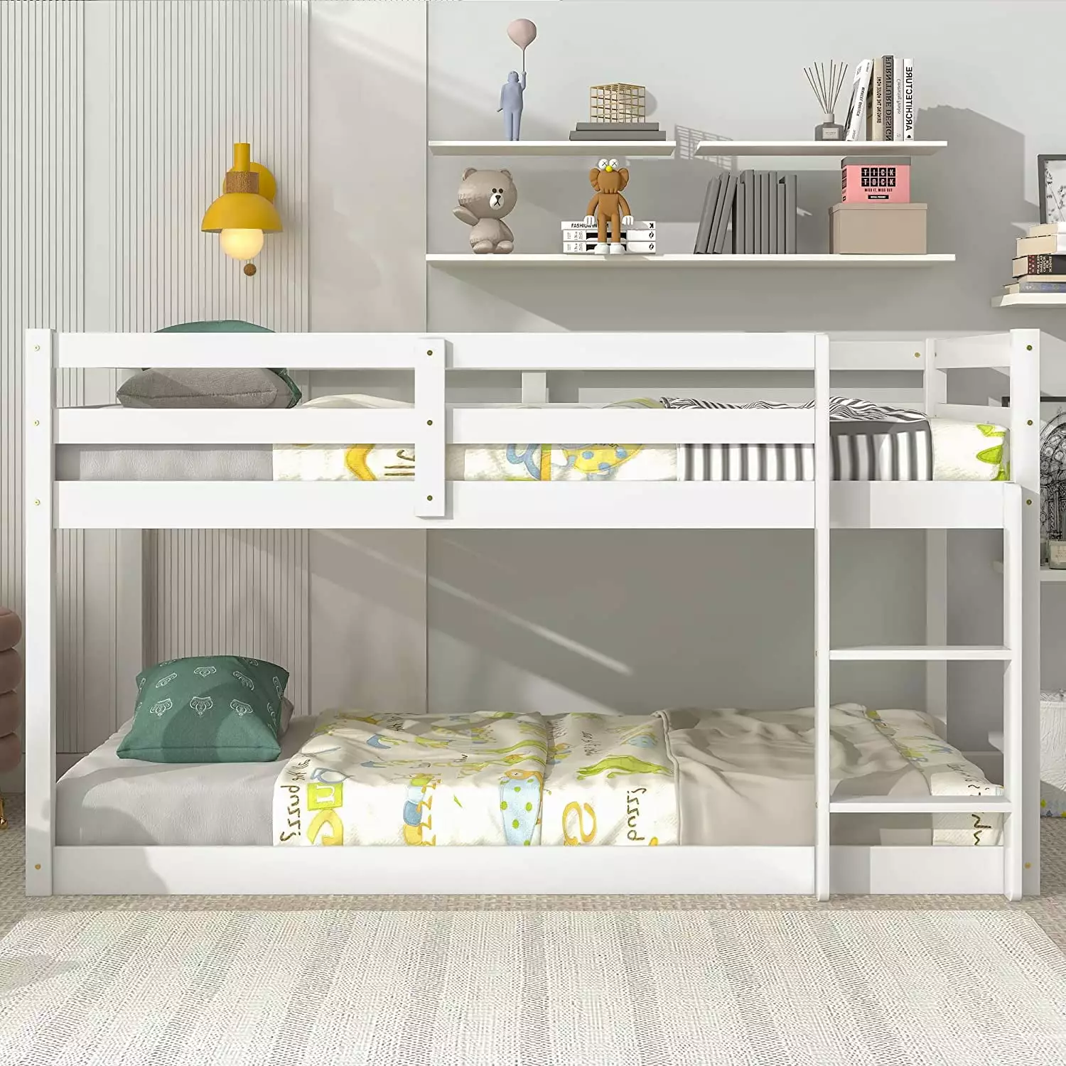 PAPROOS White Twin Over Twin Floor Bunk Bed Protectty Rail and Ladder Kids