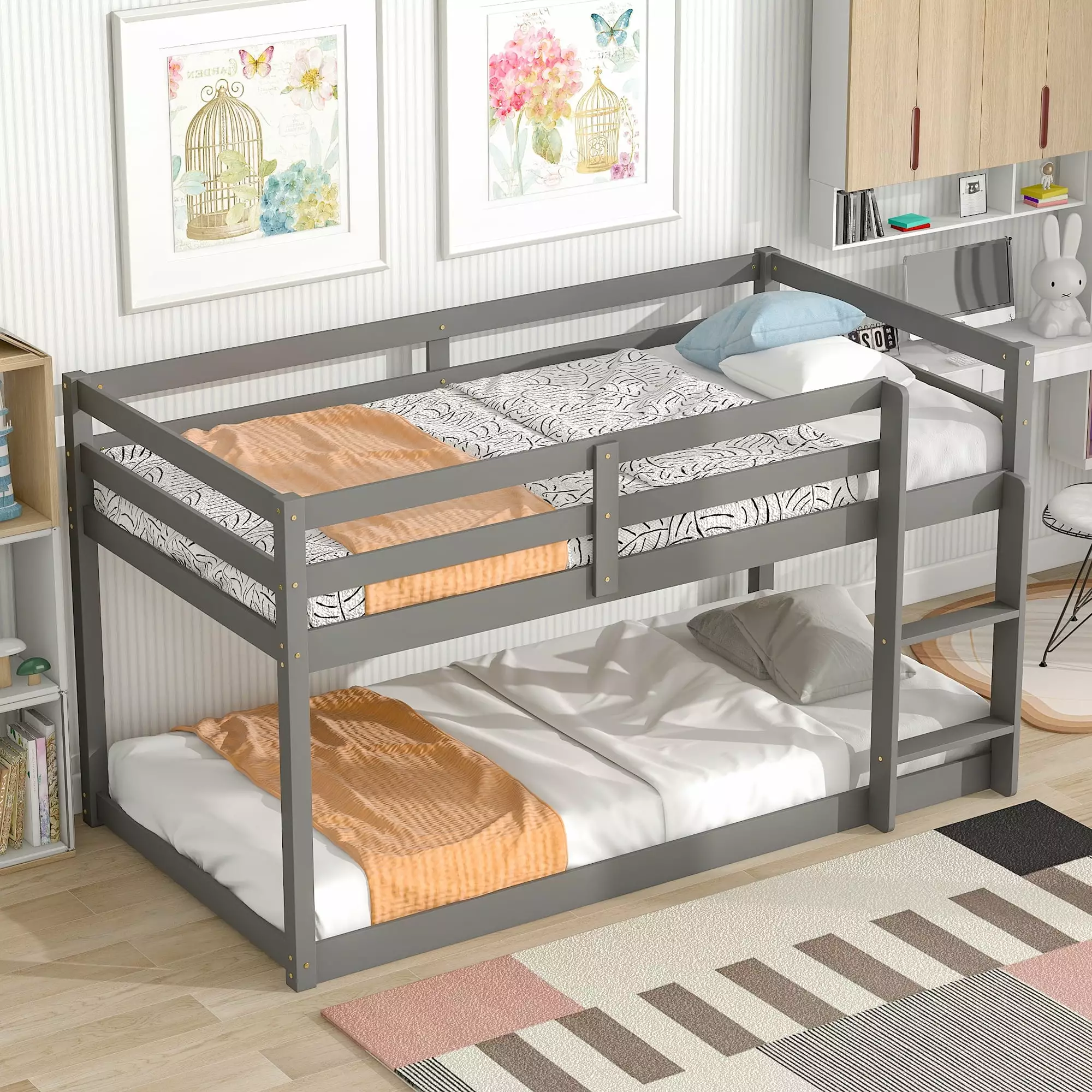 Twin over Twin Solid Wood Bunk Bed Protectty Guardrail Ladder Kids Boys Girls Gray Paproos