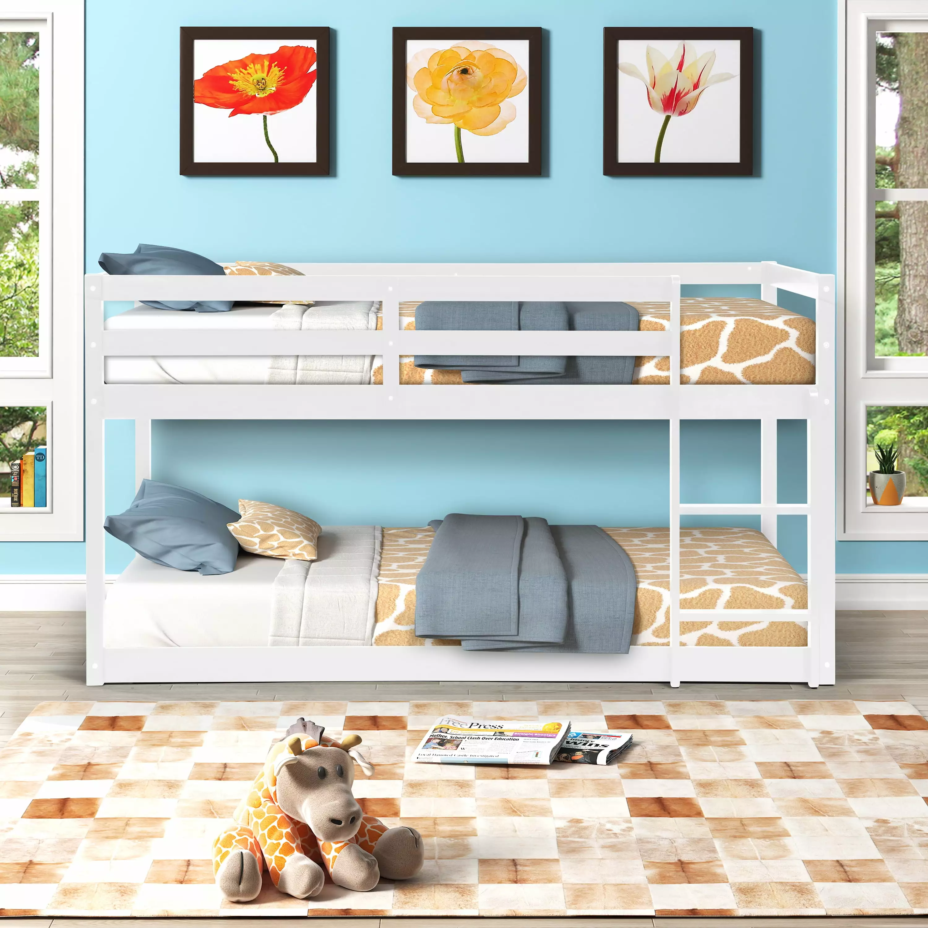 Twin Over Twin Bunk Beds Convertible Staircases Solid Wood Loft Bed Frame Kids White SS1343 Segmart