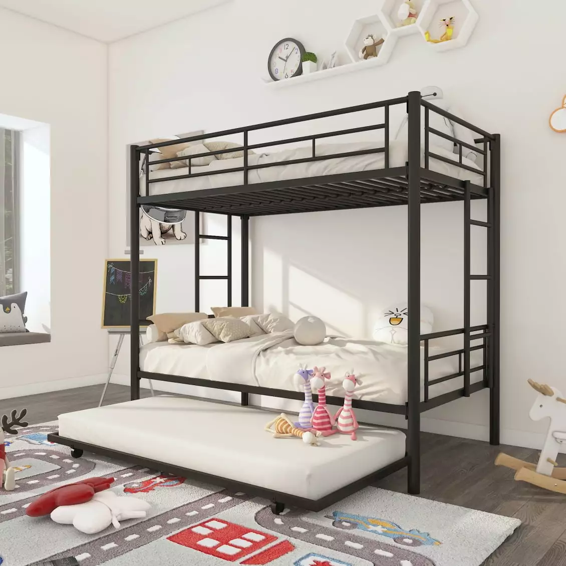 Twin Over Twin Bunk Bed Trundle - Triple Metal Bunk Frame 2 Ladders & Guardrails Black Triple Tree