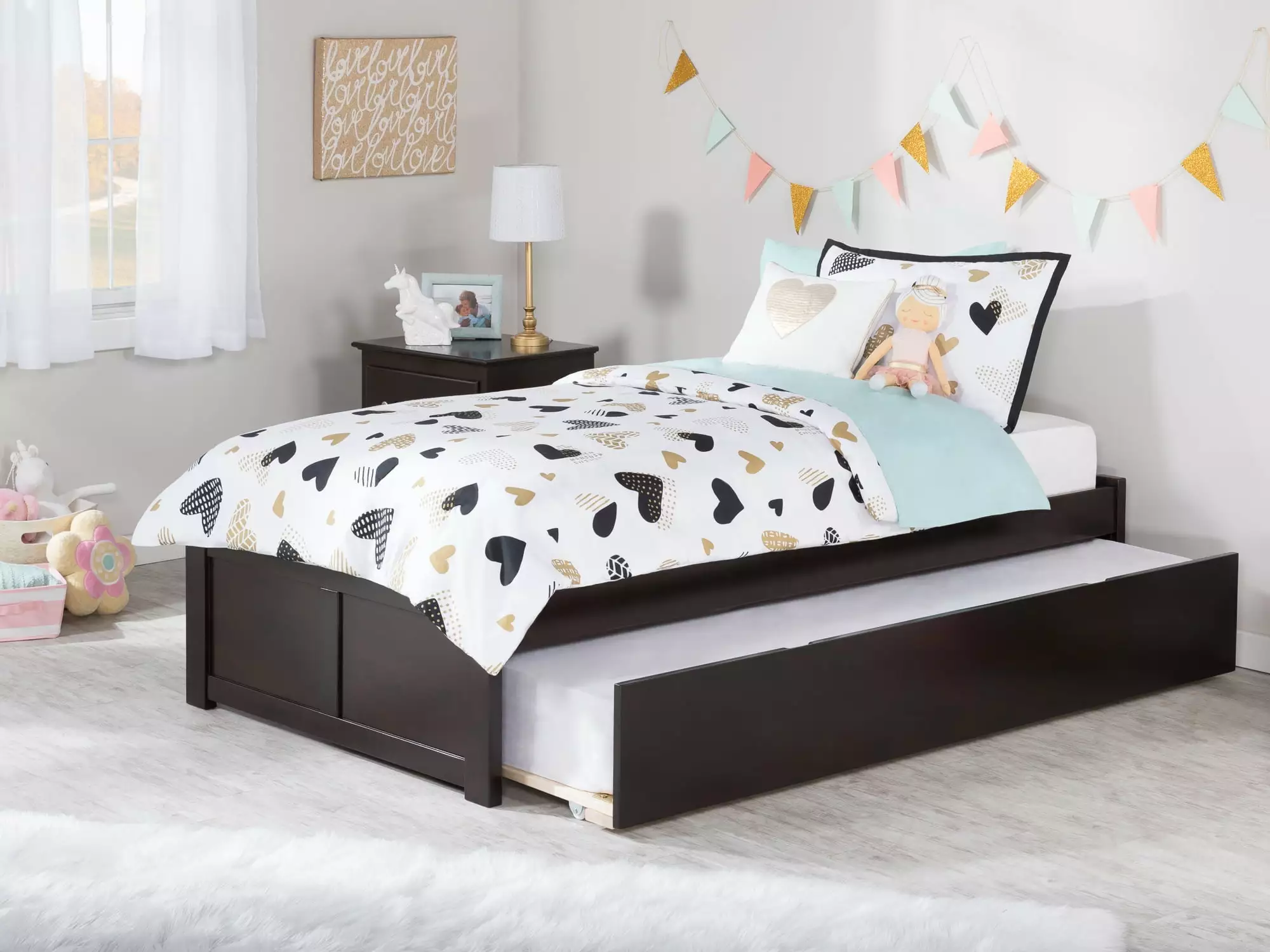 Concord Twin Platform Bed Flat Panel Foot Board and Twin Size Urban Trundle Bed Espresso AFI