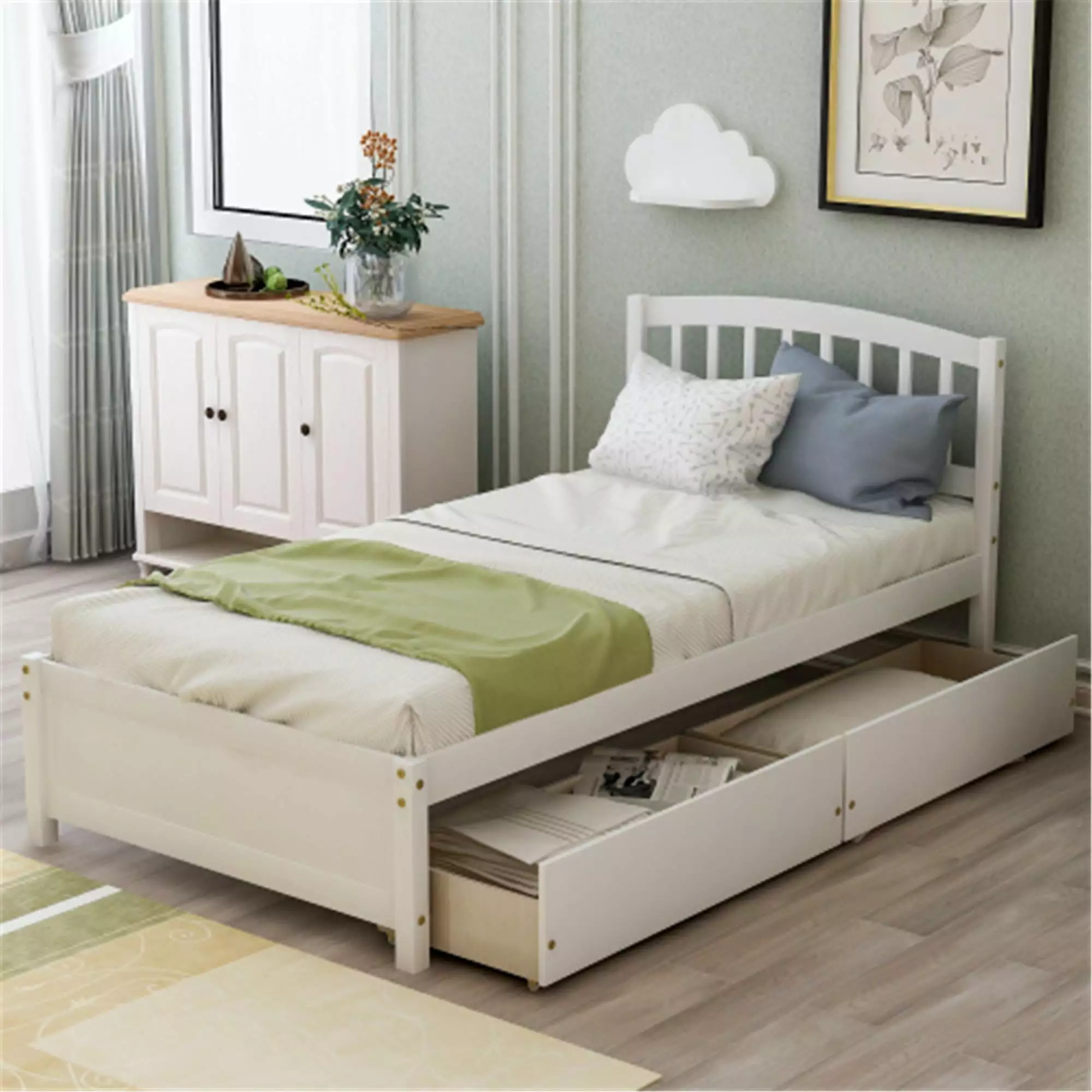 Twin Platform Bed Drawers Wooden Storage Bed Headboard Wood Slat Support White ARCTICSCORPION