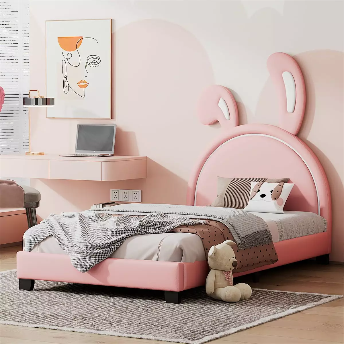 Twin Size Platform Bed Upholstered Leather Bed Rabbit Ornament Low Floor Bed Frame Kids Teens Bedroom Dorm Pink ARCTICSCOR...