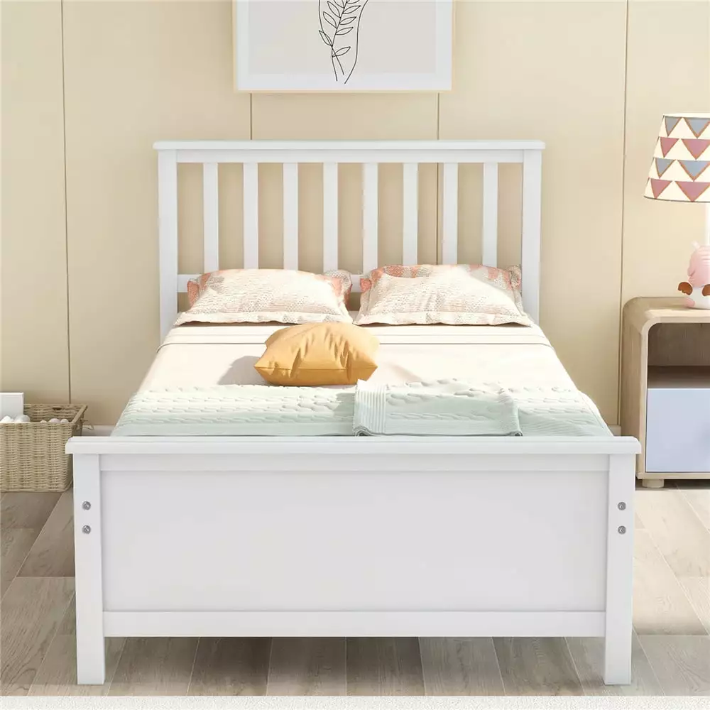 Platform Bed Frame Twin Size Wood Bed Headboard Footboard White Twin Bed Frame Wood Slat Support No Box Spring Needed I882...