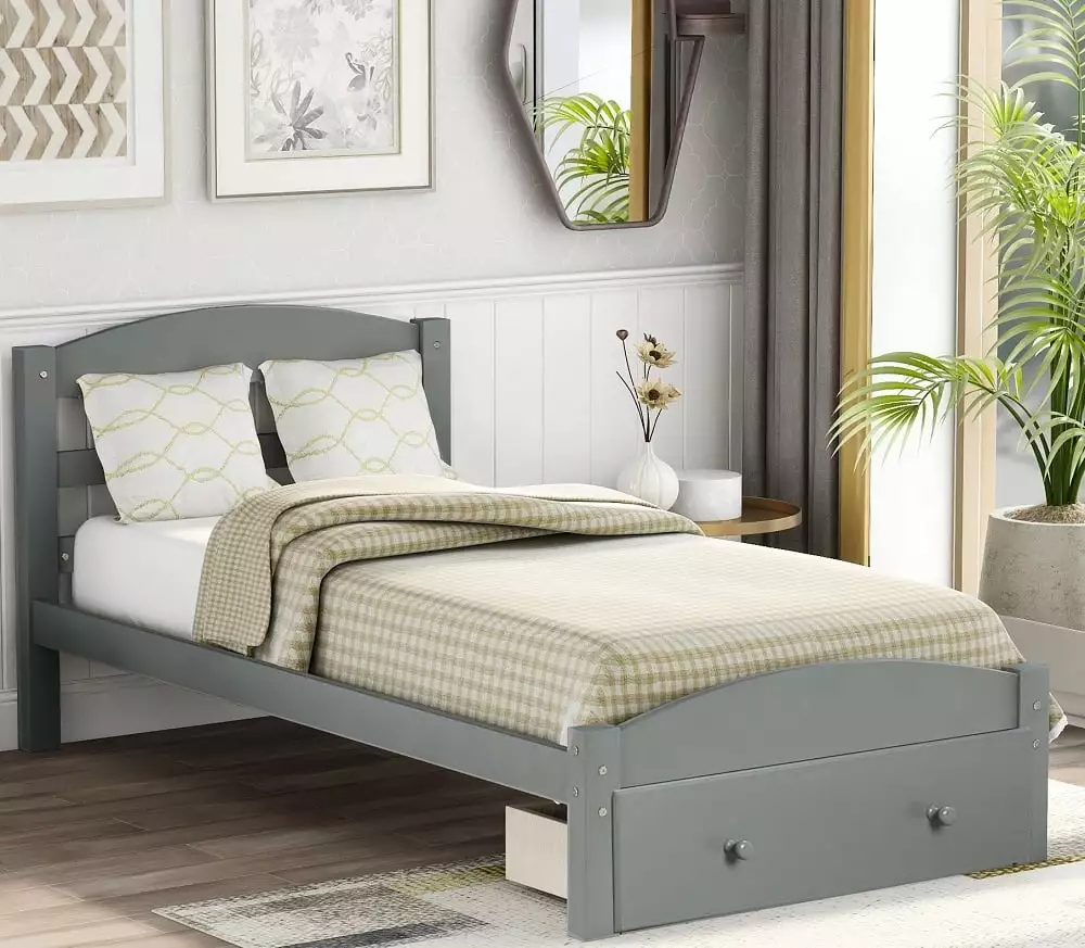 SEGMART Twin Platform Bed Frame Drawer Wooden Headboard No Box Spring Needed Grey H817