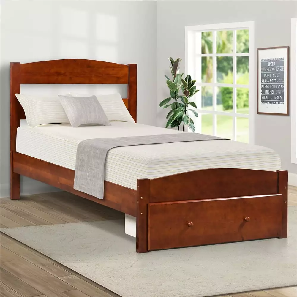 SEGMART Twin Size Bed Drawer Wooden Twin Bed Frame Headboard Platform Bed No Box Spring Needed Walnut