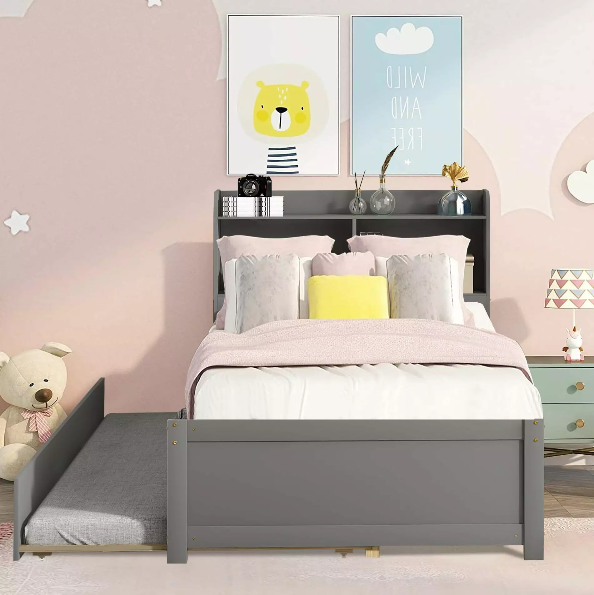 SYNGAR Twin Platform Bed Frame Trundle Solid Wood Bunk Bed Kids Boys Girls Adults Gray