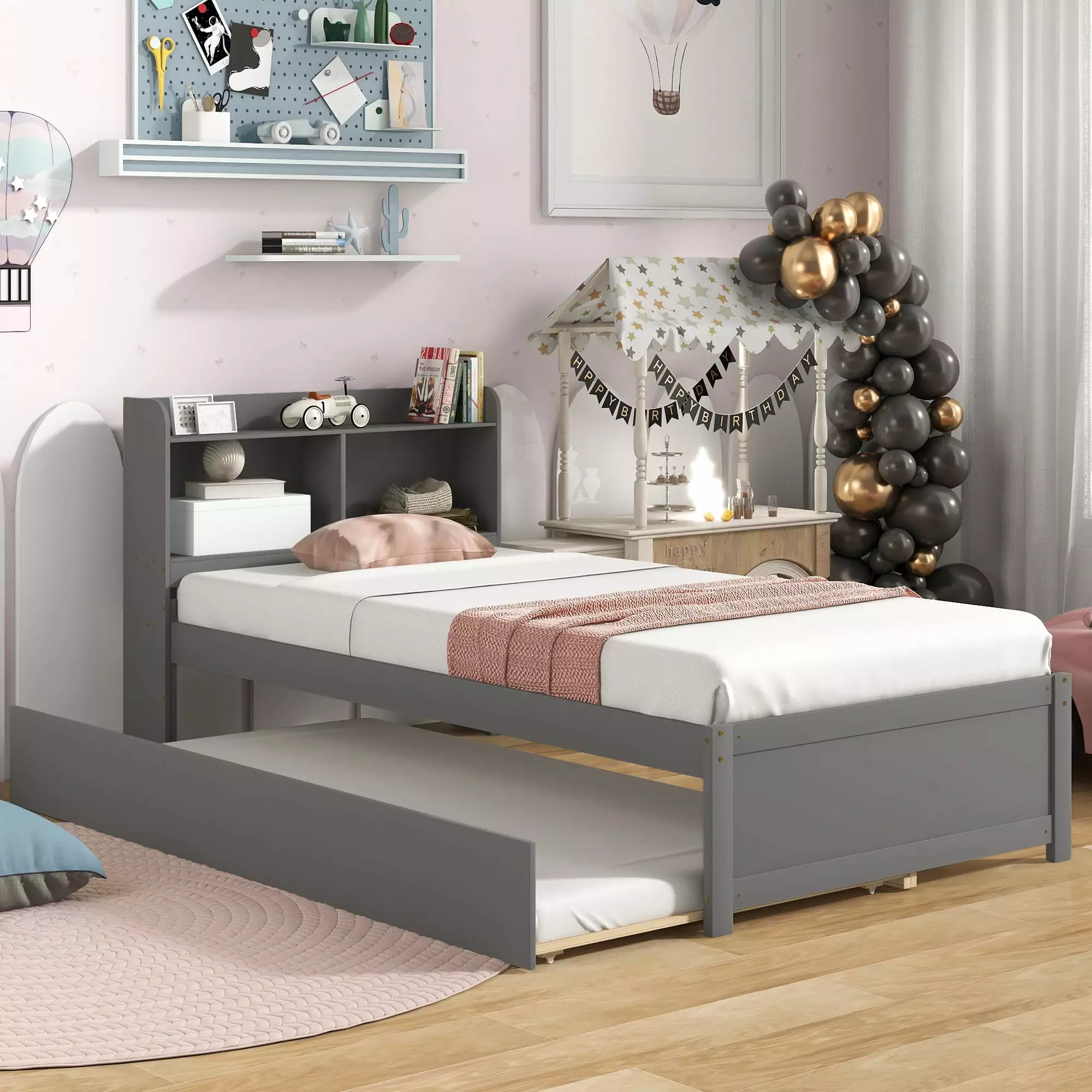 uhomepro Twin Bed Trundle and Bookcase Headboard - Gray Wooden Platform Bed Frame Storage Shelves