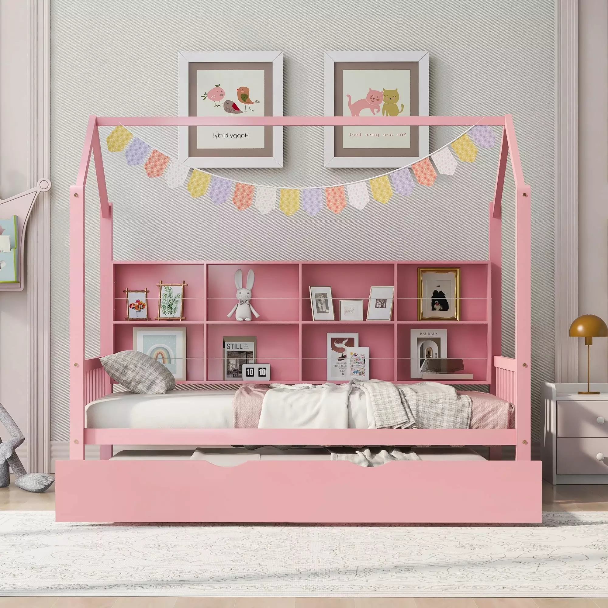 Bellemave Pink Twin Montessori Playhouse Bed Storage Drawers and Shelves Kids