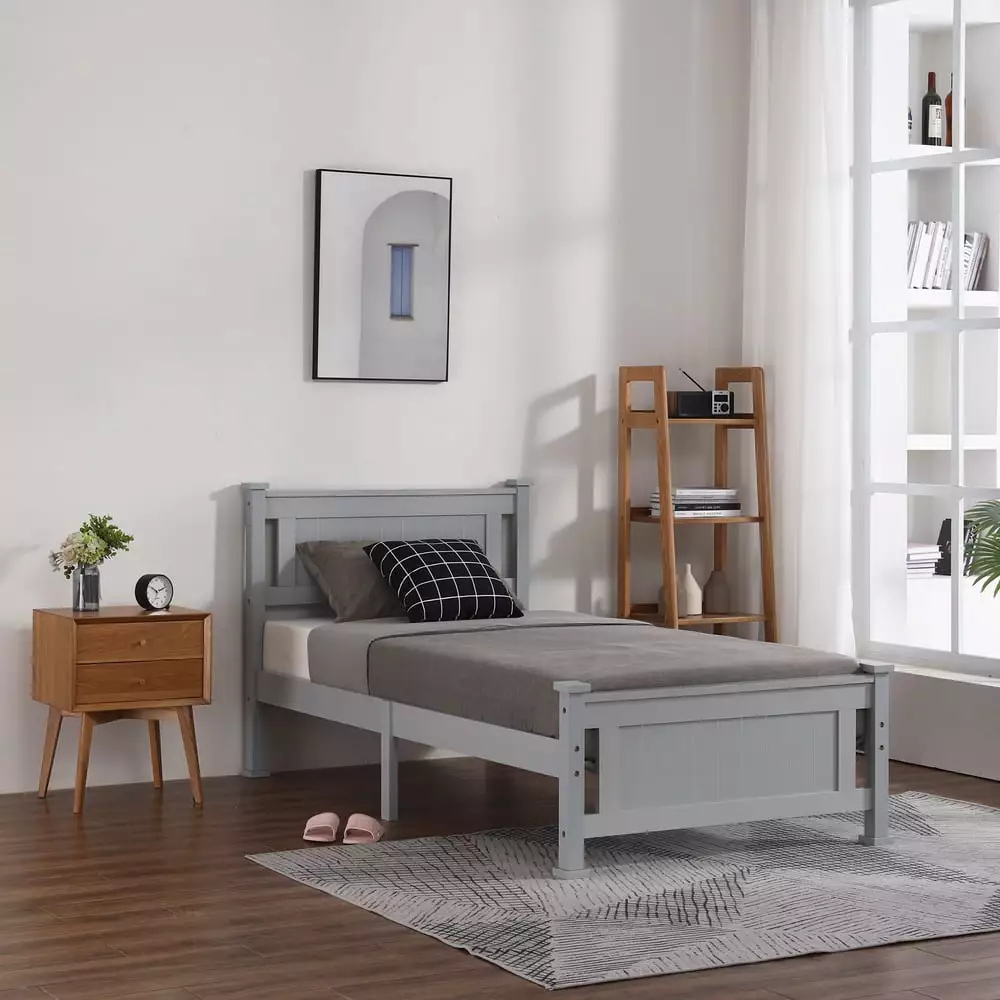 EasingRoom Twin Mattress Foundation Headboard Box Spring Bed Wood Slat Support Gray